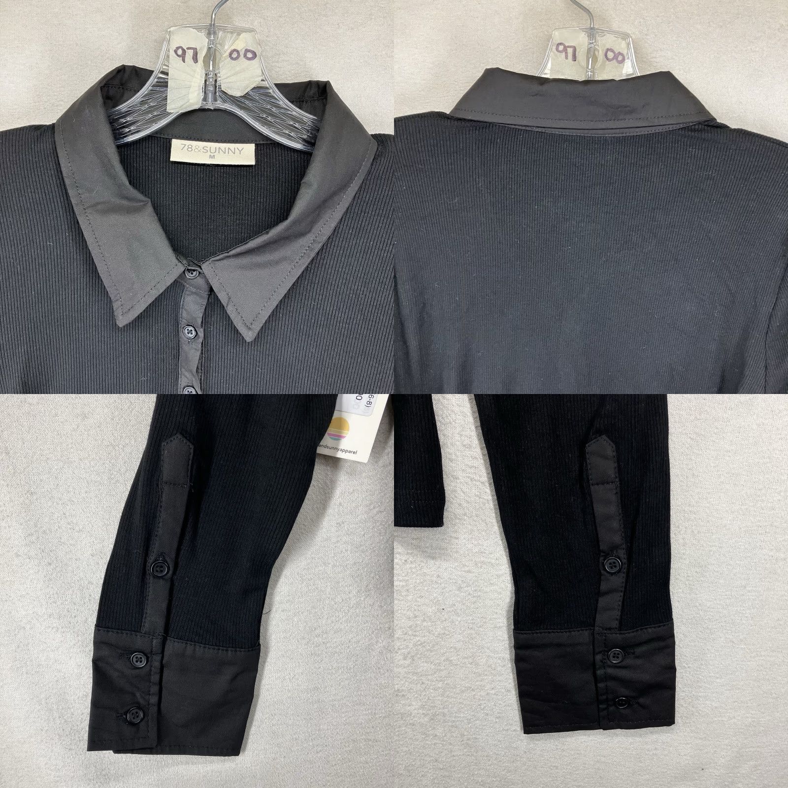 Vintage 78 & Sunny Women's Blouse Long Sleeve Collared Button Black Rayon Spandex Knit Stretch NWT Medium Size M / US 6-8 / IT 42-44 - 8 Thumbnail
