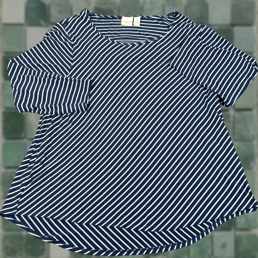 Vintage Chico's Navy White Striped Tunic Top 3/4 Sleeve V-Neck Stretch Knit Blouse Shirt Womens XL Size XL / US 12-14 / IT 48-50 - 1 Thumbnail