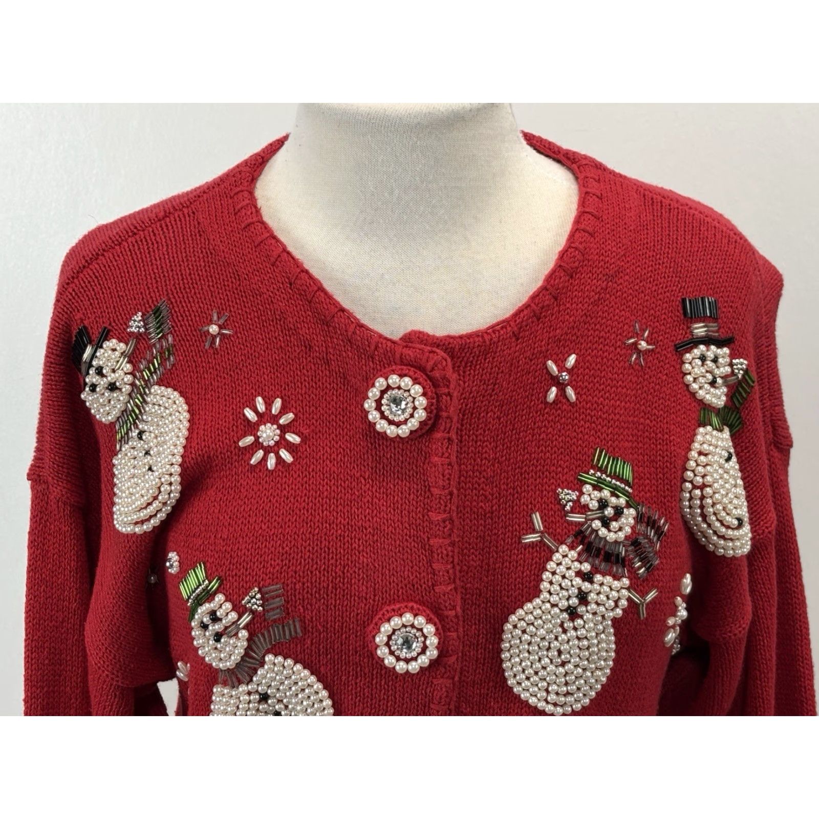 Vintage VINTAGE Victoria Jones Christmas Cardigan Sweater Women’s M Red Snowmen Beaded Pearl Button Jewel Knit Cotton Blend 90s Holiday Ugly Snowman Size M / US 6-8 / IT 42-44 - 5 Thumbnail