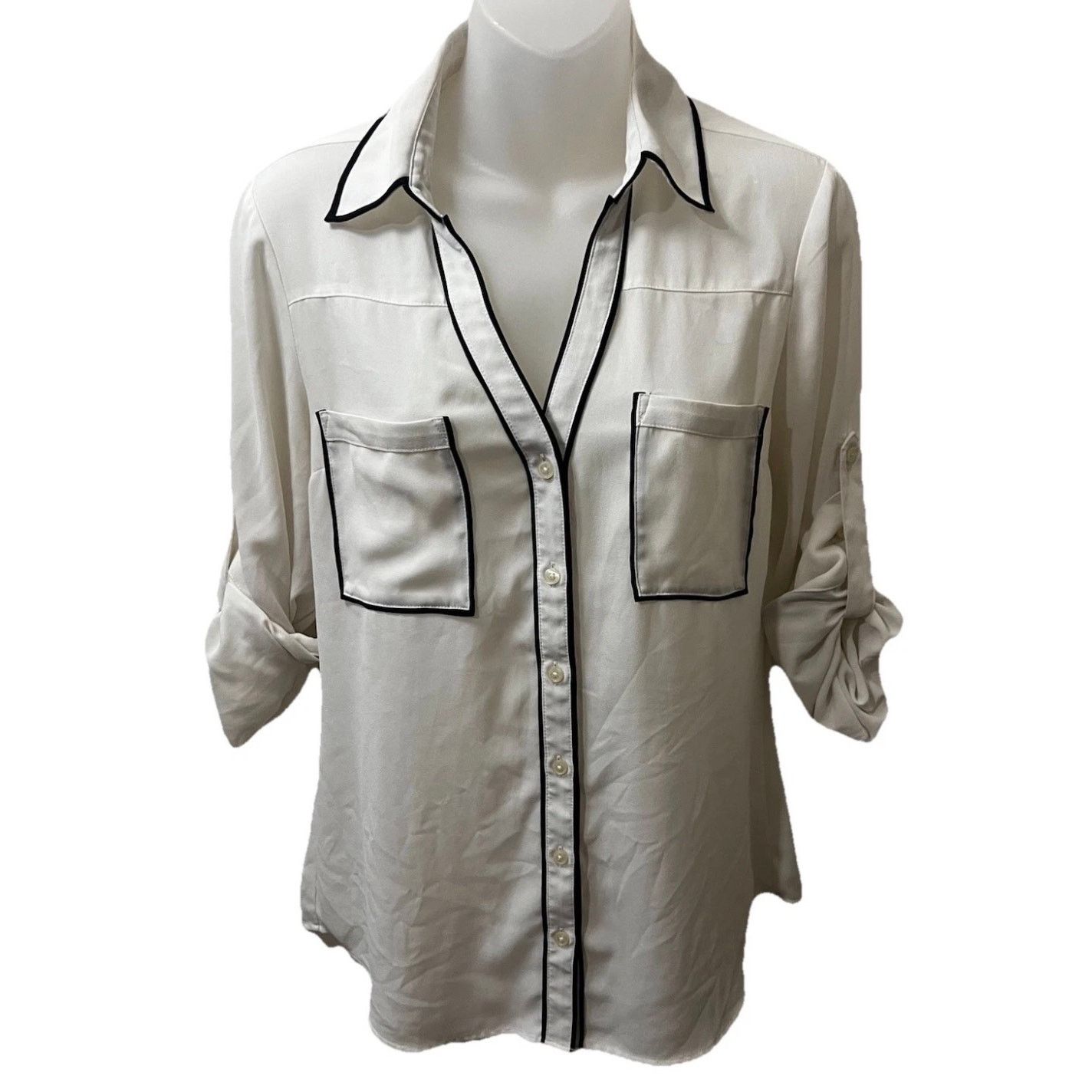 Express Button Down Blouse Black Trim Roll Sleeve Pocket Top Shirt Size S / US 4 / IT 40 - 1 Thumbnail