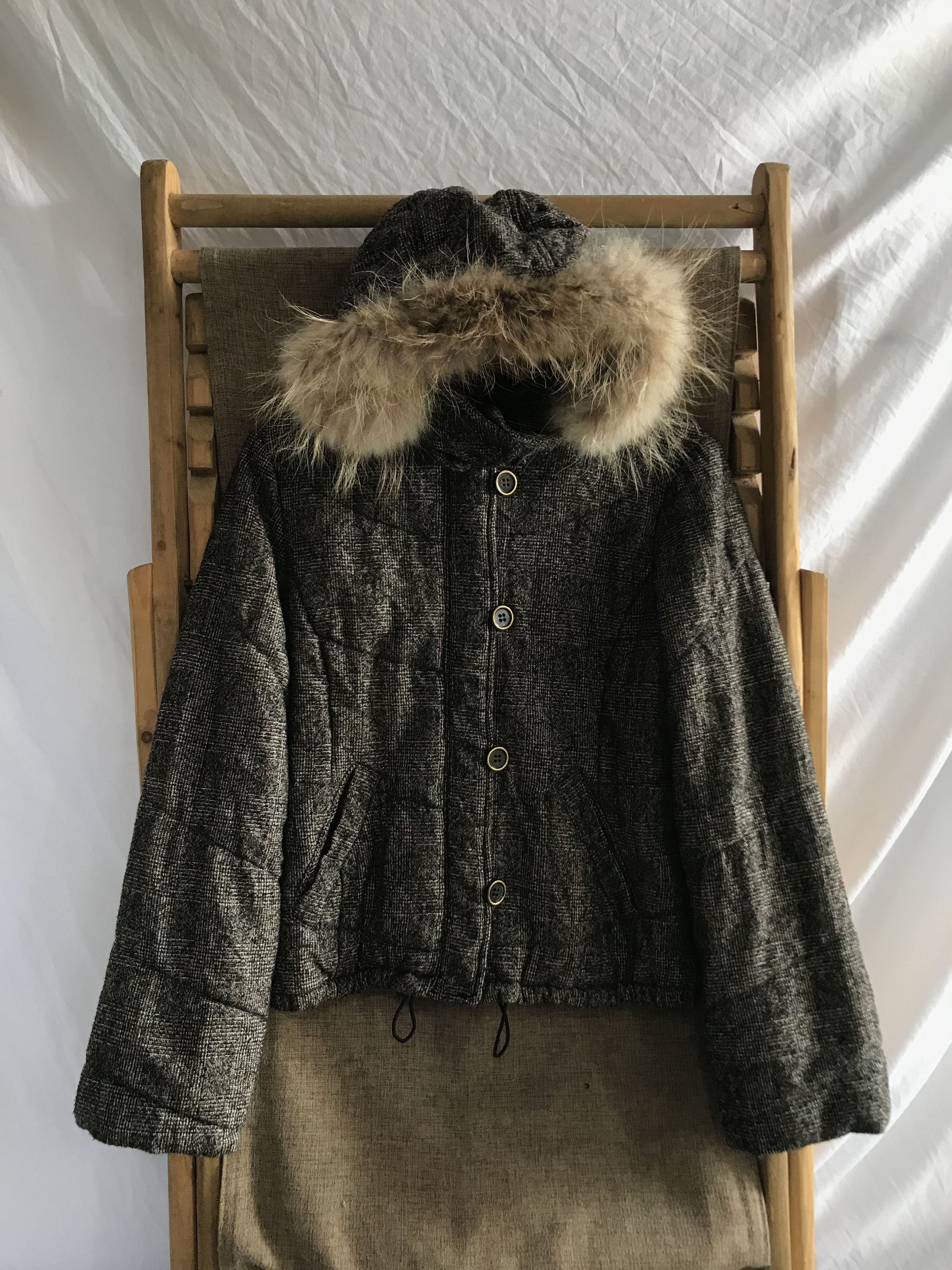 image of Hysteric Glamour Need Gonechristian Aujard Paris Fur Tweed Cropped Jacket in Brown (Size Medium)
