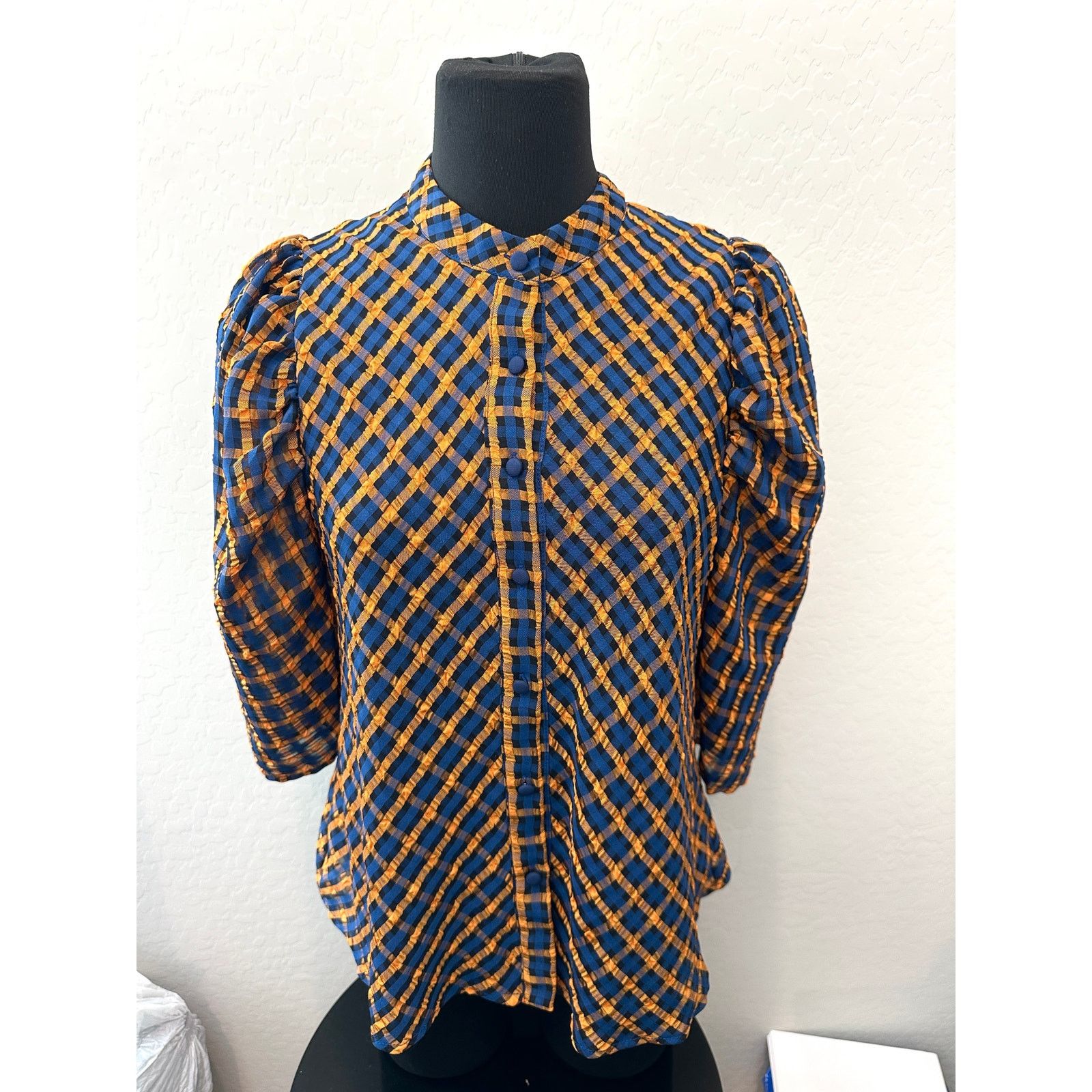 Anthropologie × Eva Franco ANTHROPOLOGIE Orange Blue Button Front Textured Plaid Blouse Size S / US 4 / IT 40 - 2 Thumbnail