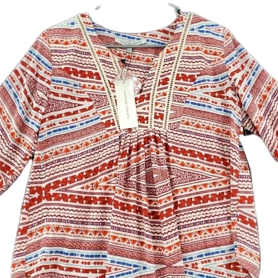 Vintage COLLECTIVE CONCEPTS Women's Blouse Shirt Tunic Red V-Neck Crochet Sheer Bohemian Tunic Long Sleeve Dolman Sleeve XS? No size given; S is size. Size S / US 4 / IT 40 - 2 Thumbnail