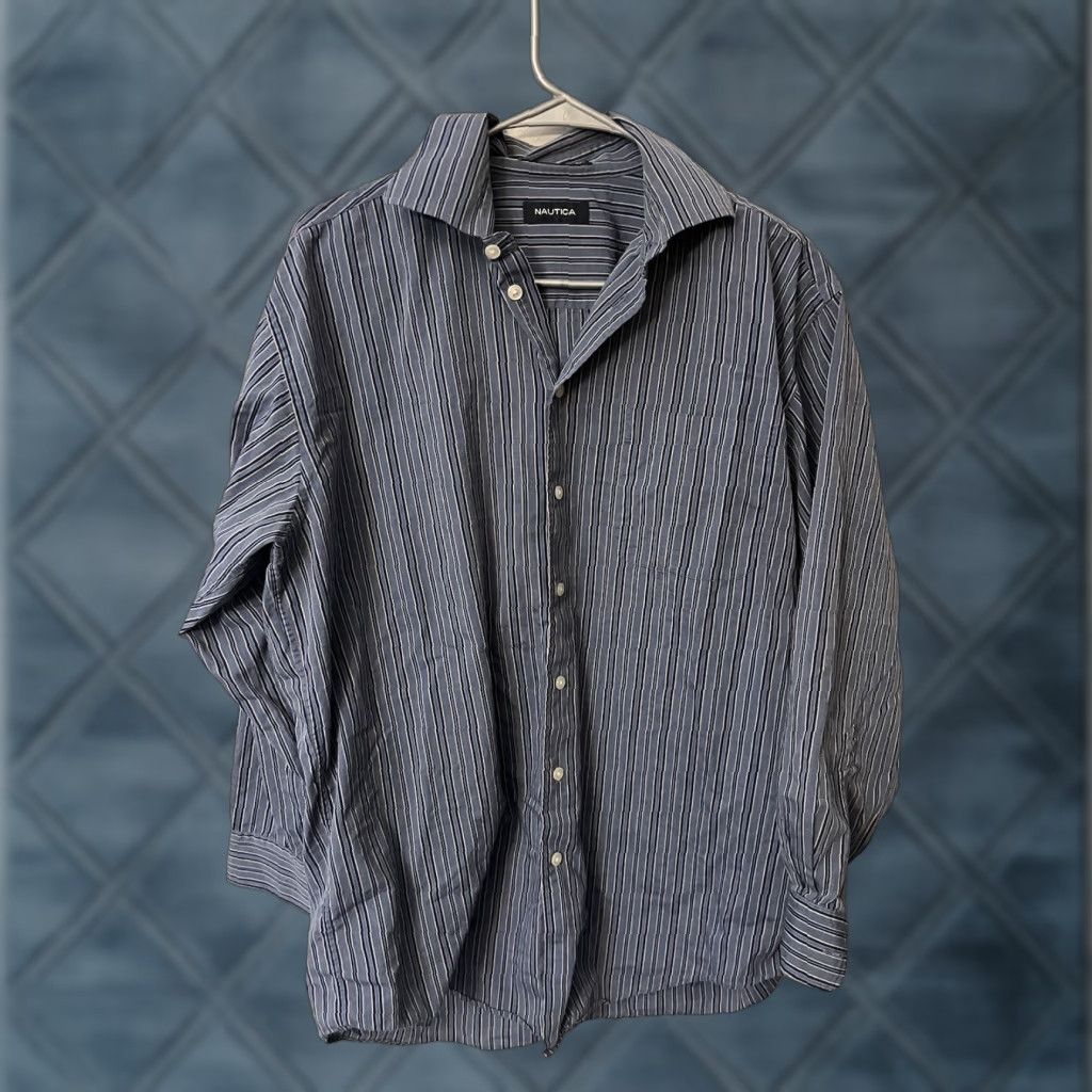 Nautica Nautica Button-Up Shirt Large 16 32/33 Blue Striped Collared Mens Shirt Size US L / EU 52-54 / 3 - 1 Thumbnail