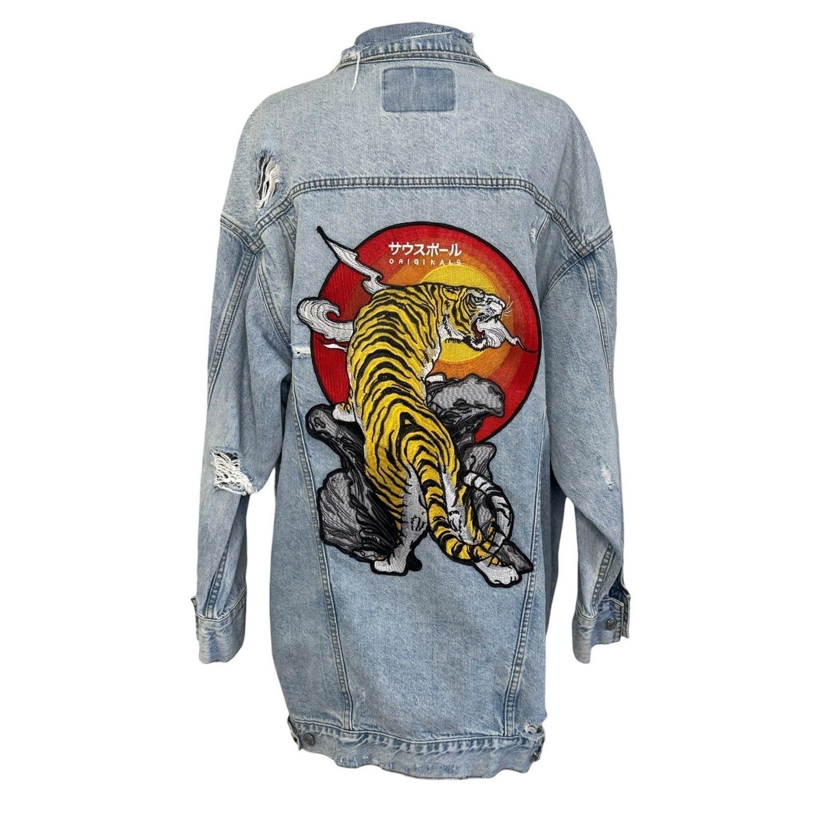 American Eagle Outfitters Japanese TIGER Sunset Retro Distressed Denim Jacket Sz SP Size XS / US 0-2 / IT 36-38 - 8 Thumbnail