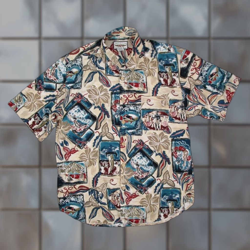 Vintage VINTAGE Straight Down Men's Hawaiian Shirt Short Sleeve Large Beige Bohemian Tropical Resort Nautical AOP Size US L / EU 52-54 / 3 - 1 Thumbnail