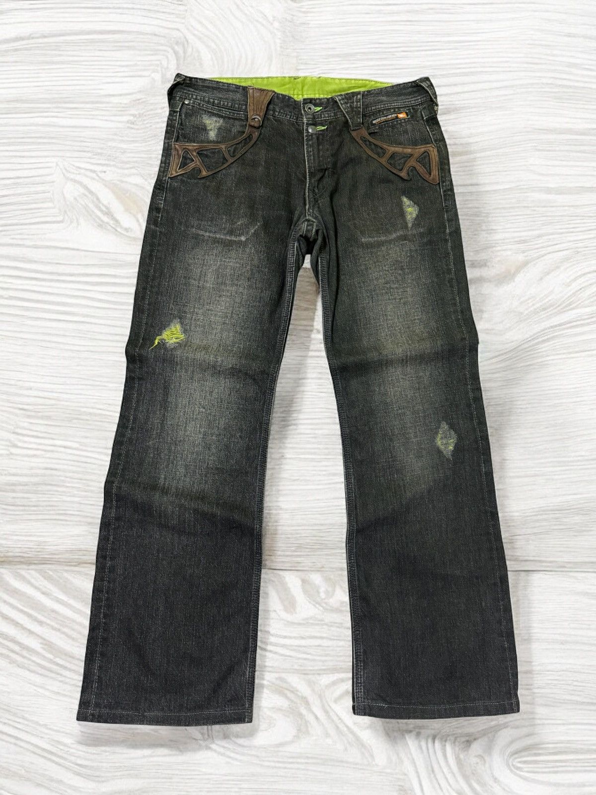 5351 POUR LES HOMMES FLARED NICOLE CLUB FOR MEN DISTRESSED WITH LEATHER DENIM Size US 32 / EU 48 - 1 Thumbnail