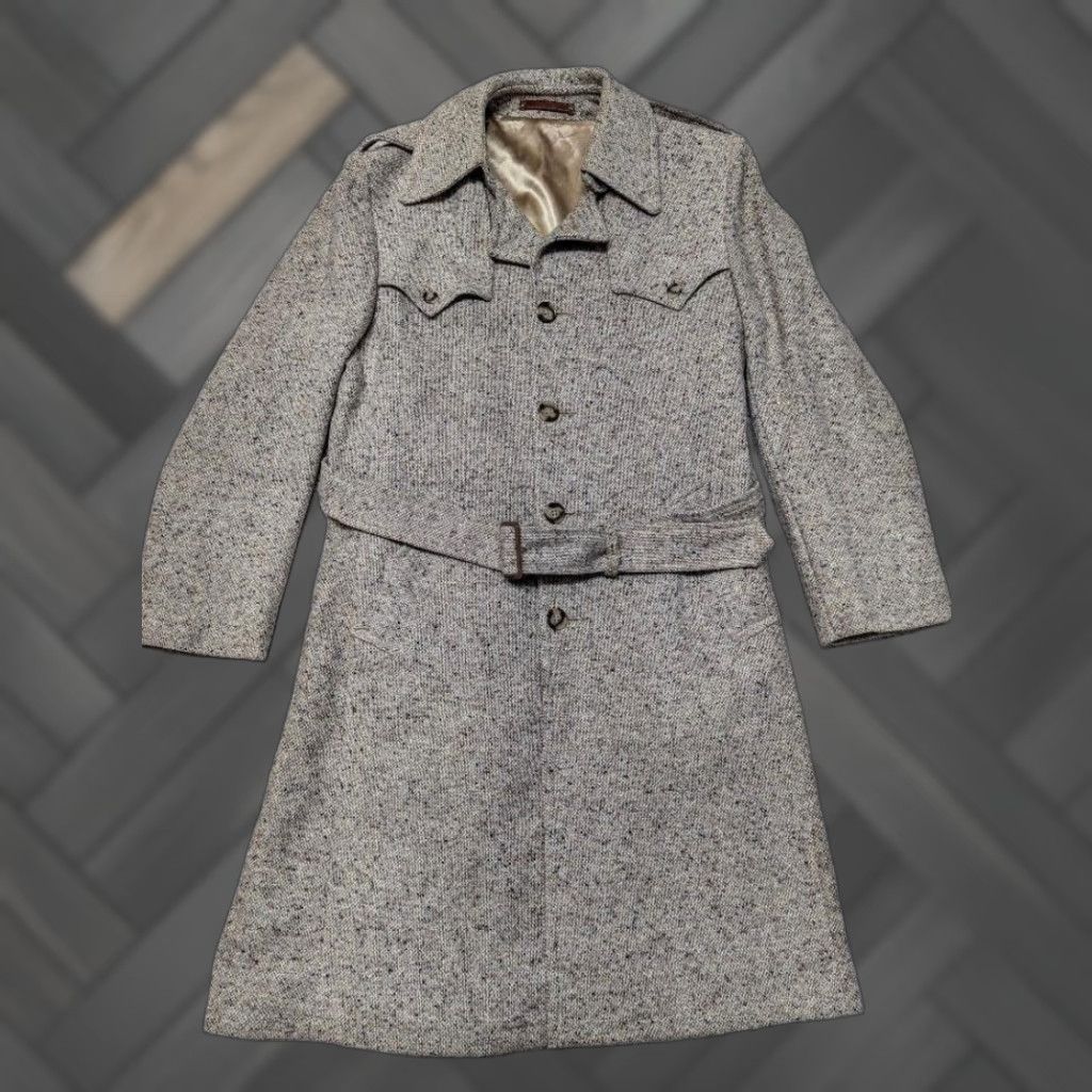 Vintage VINTAGE Robert Lewis Overcoat Jacket Belted Tweed Wool 38 Tan Brown Fleck Long Tall Men Chest 38 Suit Coat Mens Size 36R - 1 Thumbnail