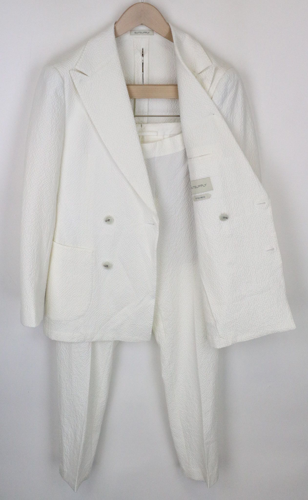 image of Suitsupply Havana Uk34R Double-Breast White Cotton Stretch Suit 71627 in Off White, Men's