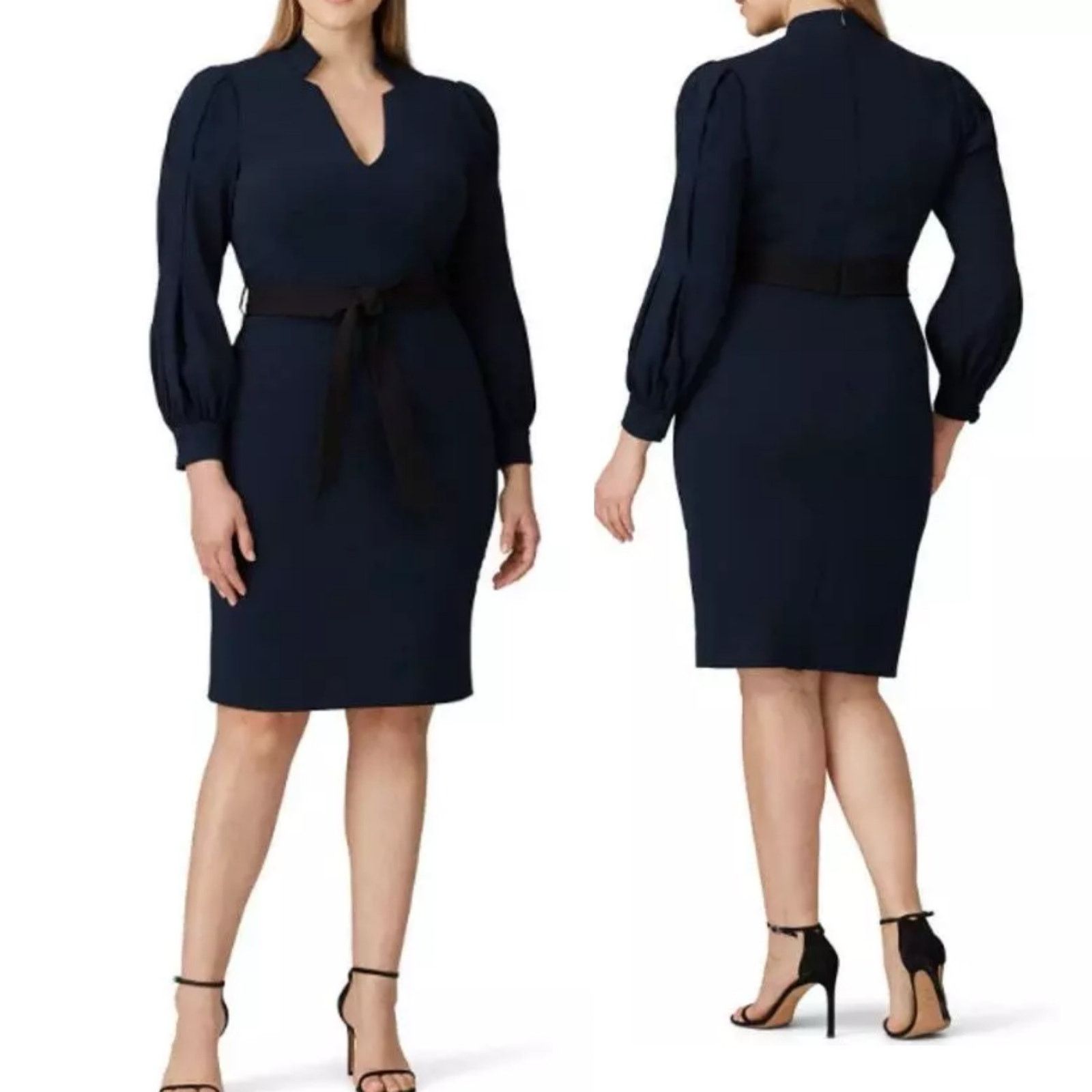 Badgley Mischka Badgley Mischka Belted V Neck Sheath Dress Navy Hourglass Size M / US 6-8 / IT 42-44 - 1 Thumbnail