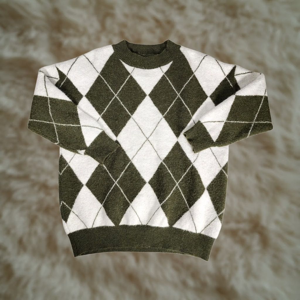 Vintage BTFBM Crew Neck Pullover Knit Sweater Size M Green White Argyle 7189 Size M / US 6-8 / IT 42-44 - 1 Thumbnail