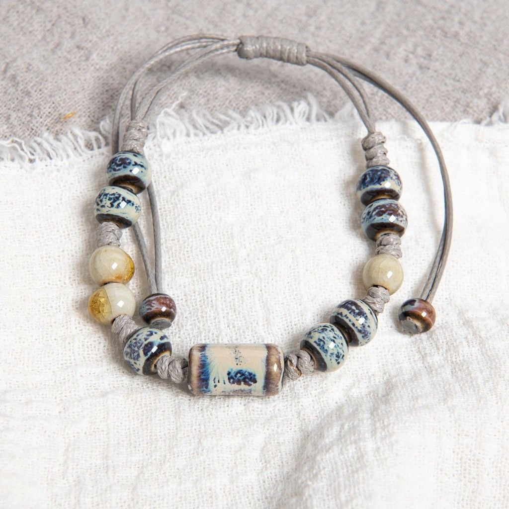 Handmade Tube Bead Ceramic Bracelet Jewelry Gift For Her Size ONE SIZE - 3 Thumbnail