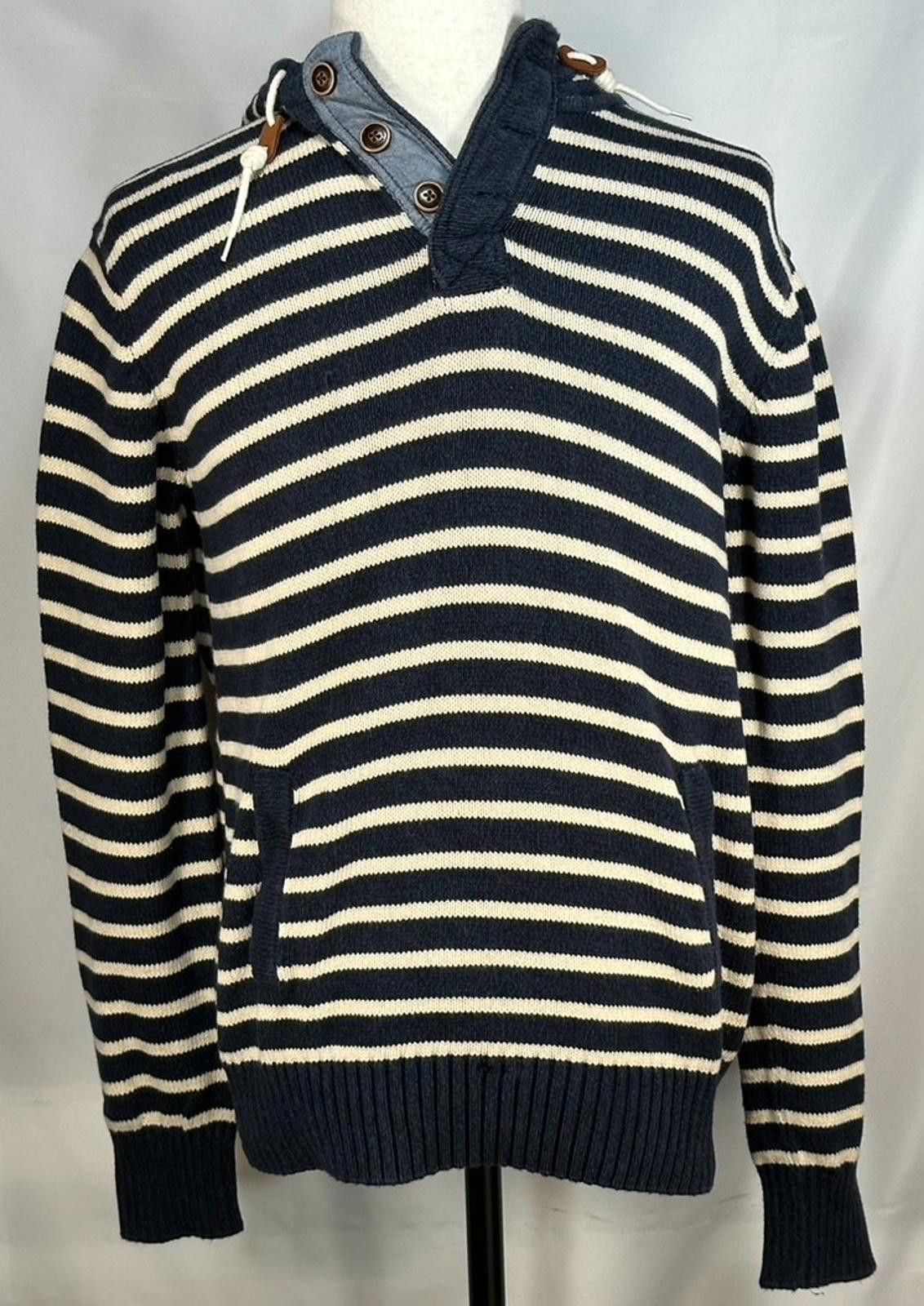 H&M HM LOGG 1/4 Button Striped Pocket Hoodie Blue Mens L Size US L / EU 52-54 / 3 - 1 Thumbnail