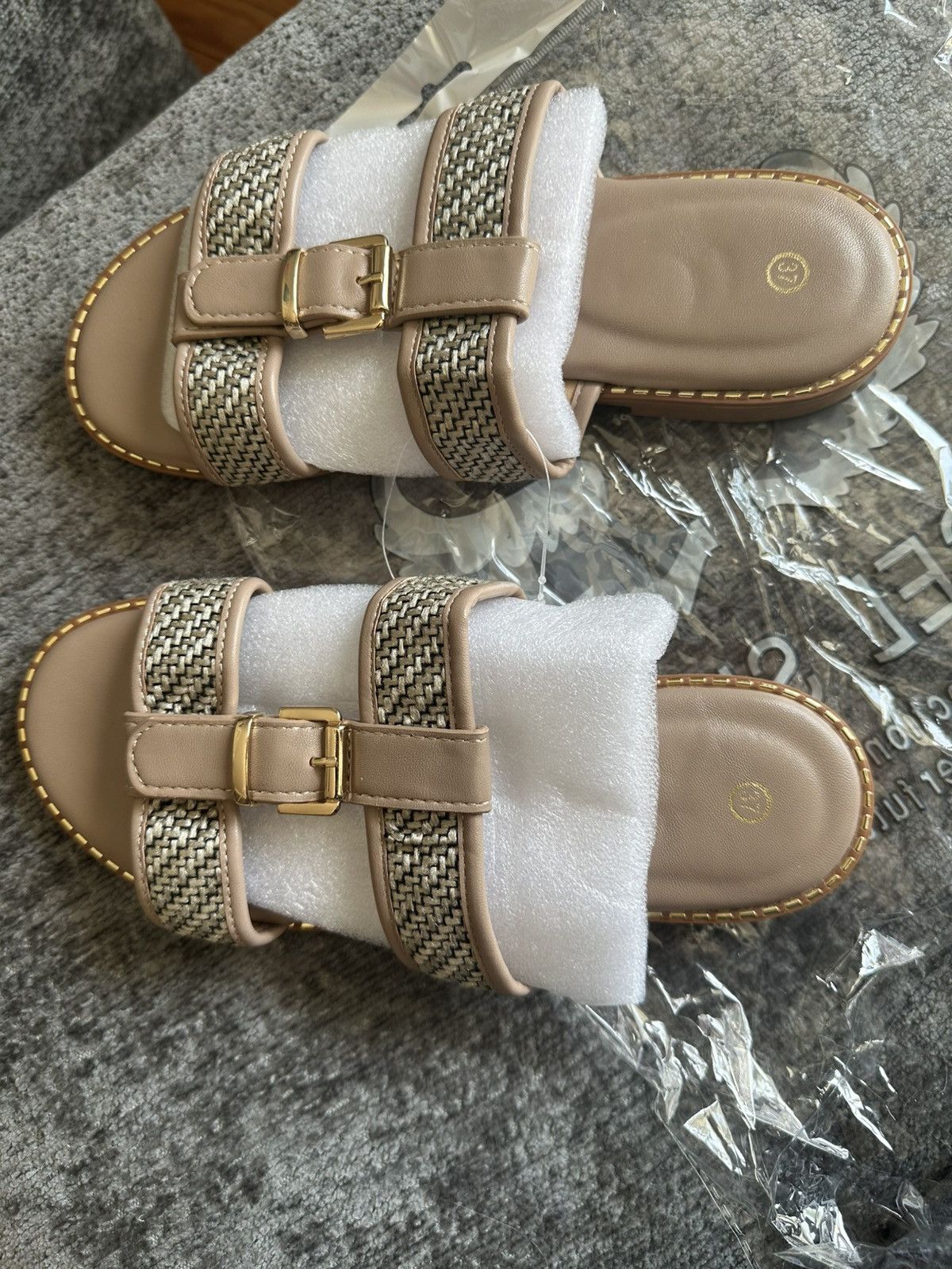 Other Women’s Beige slide sandal with woven straps and Gold Buckle Size US 7 / IT 37 - 1 Thumbnail