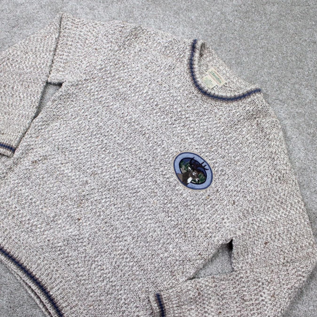 Vintage VTG St. Johns Bay Sweater Mens Medium Beige Knit Thick Embroidered Deer Patch Pullover Cardigan Crew Neck All Seasons" Size US M / EU 48-50 / 2 - 3 Thumbnail