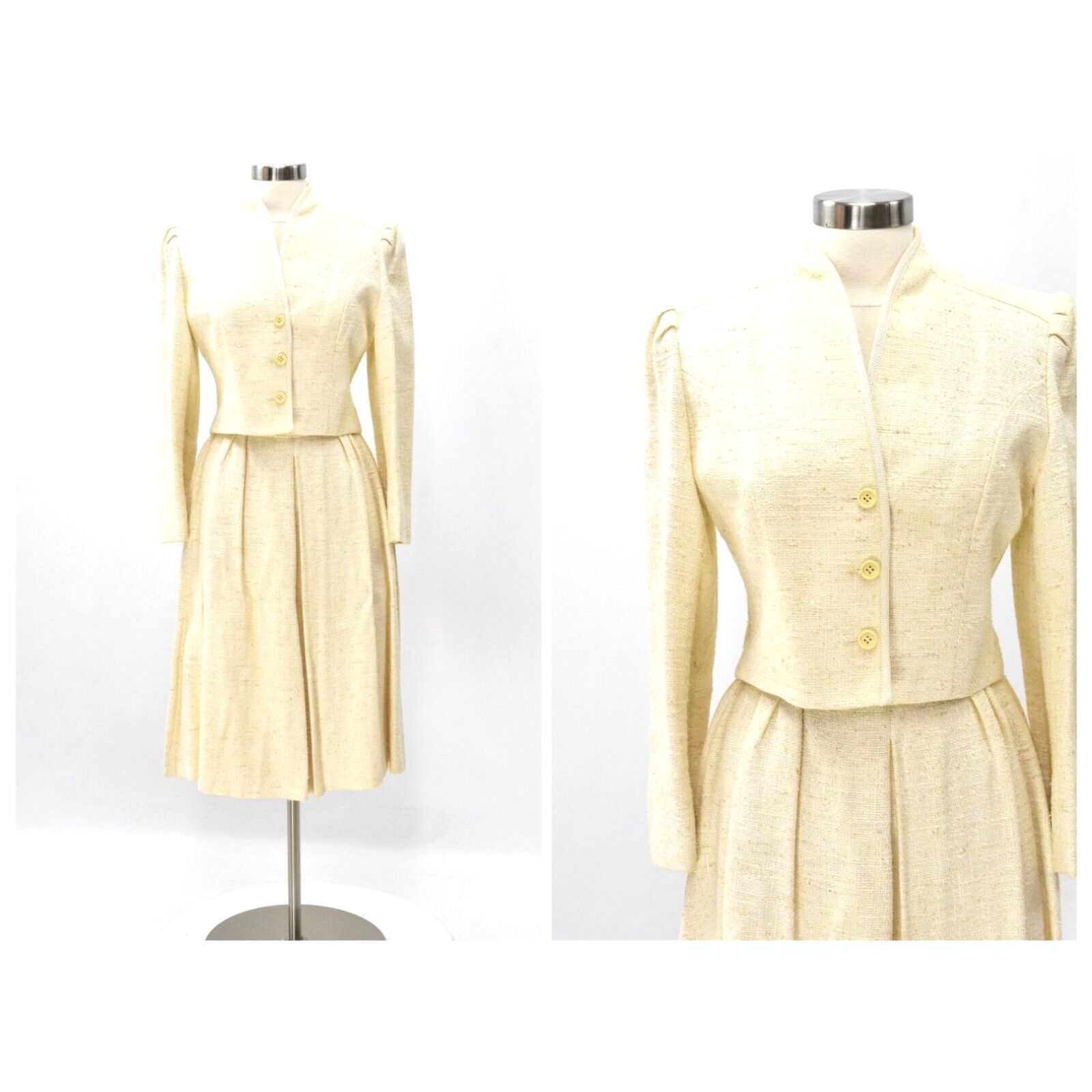 image of 60S Vintage White Boucle' Knit Skirt Suit Cropped Blazer Womens 10P Bert Newman