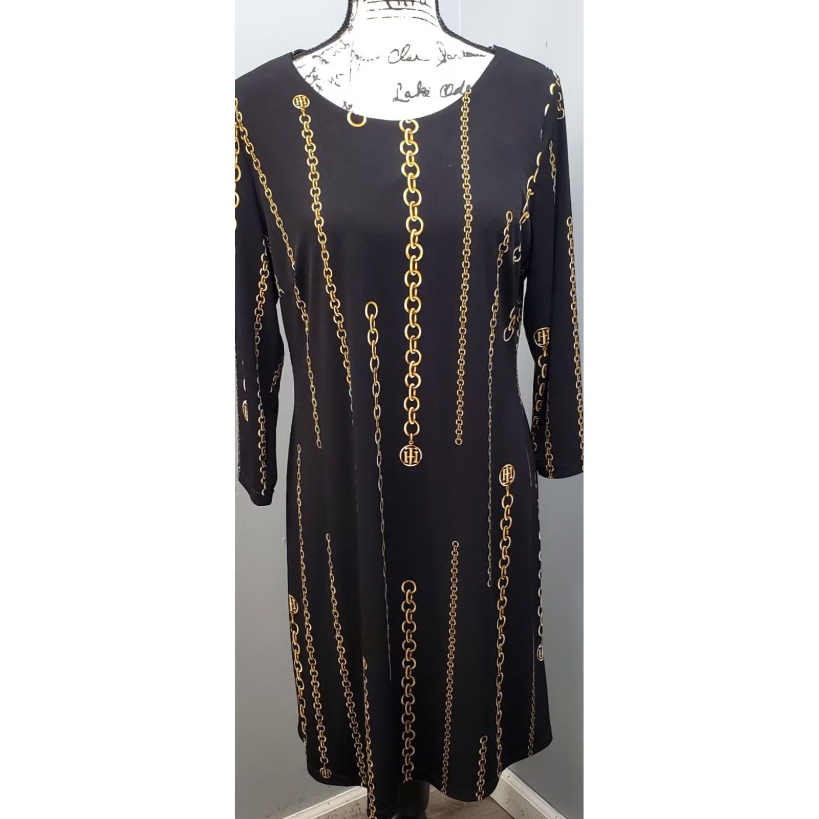Tommy Hilfiger Tommy Hilfiger Shift Dress Women 12 Black Yellow Chain Print Stretch Zip Size XL / US 12-14 / IT 48-50 - 2 Thumbnail