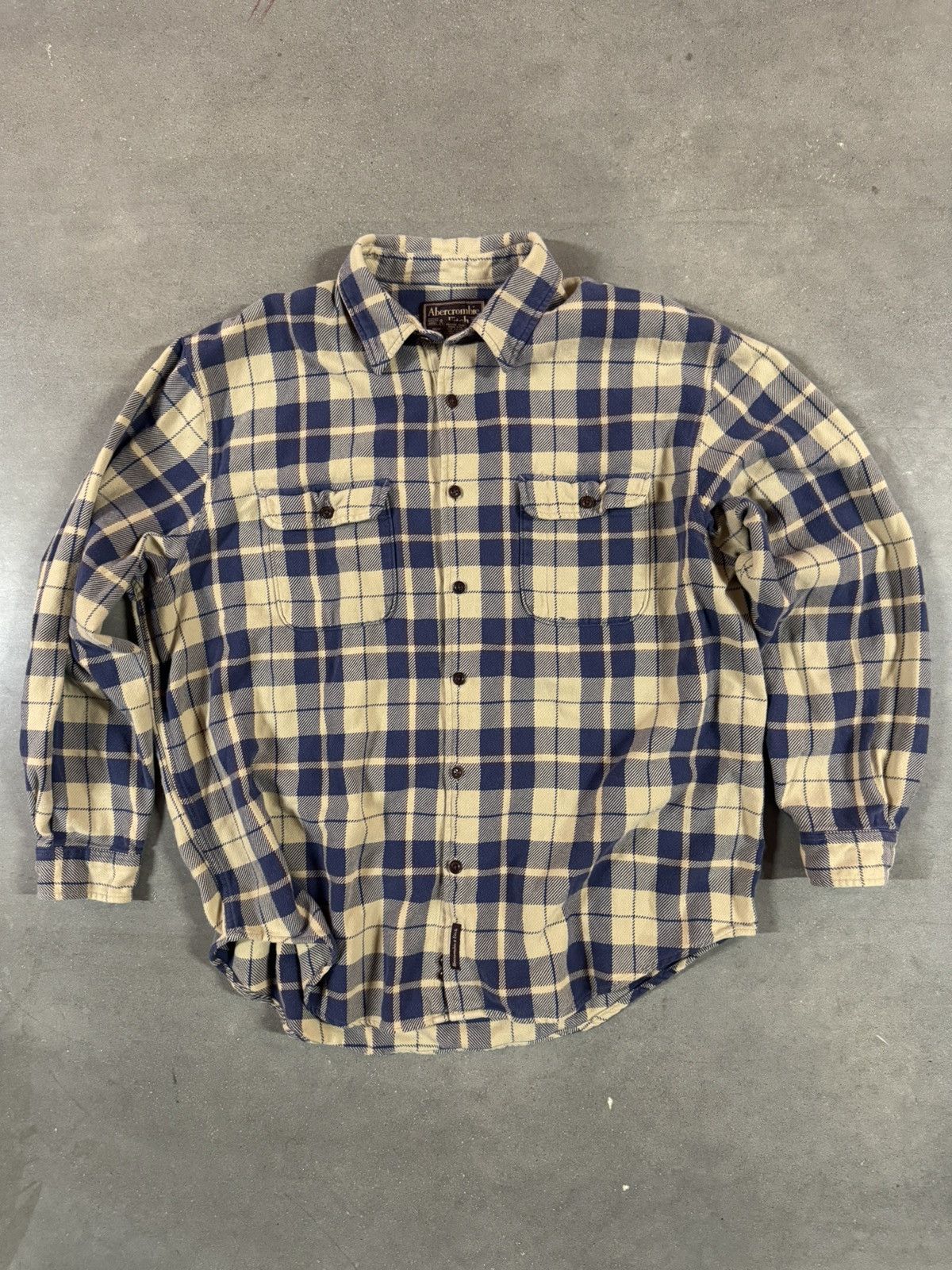 Abercrombie & Fitch Blue and Tan Plaid Flannel Shirt Size L