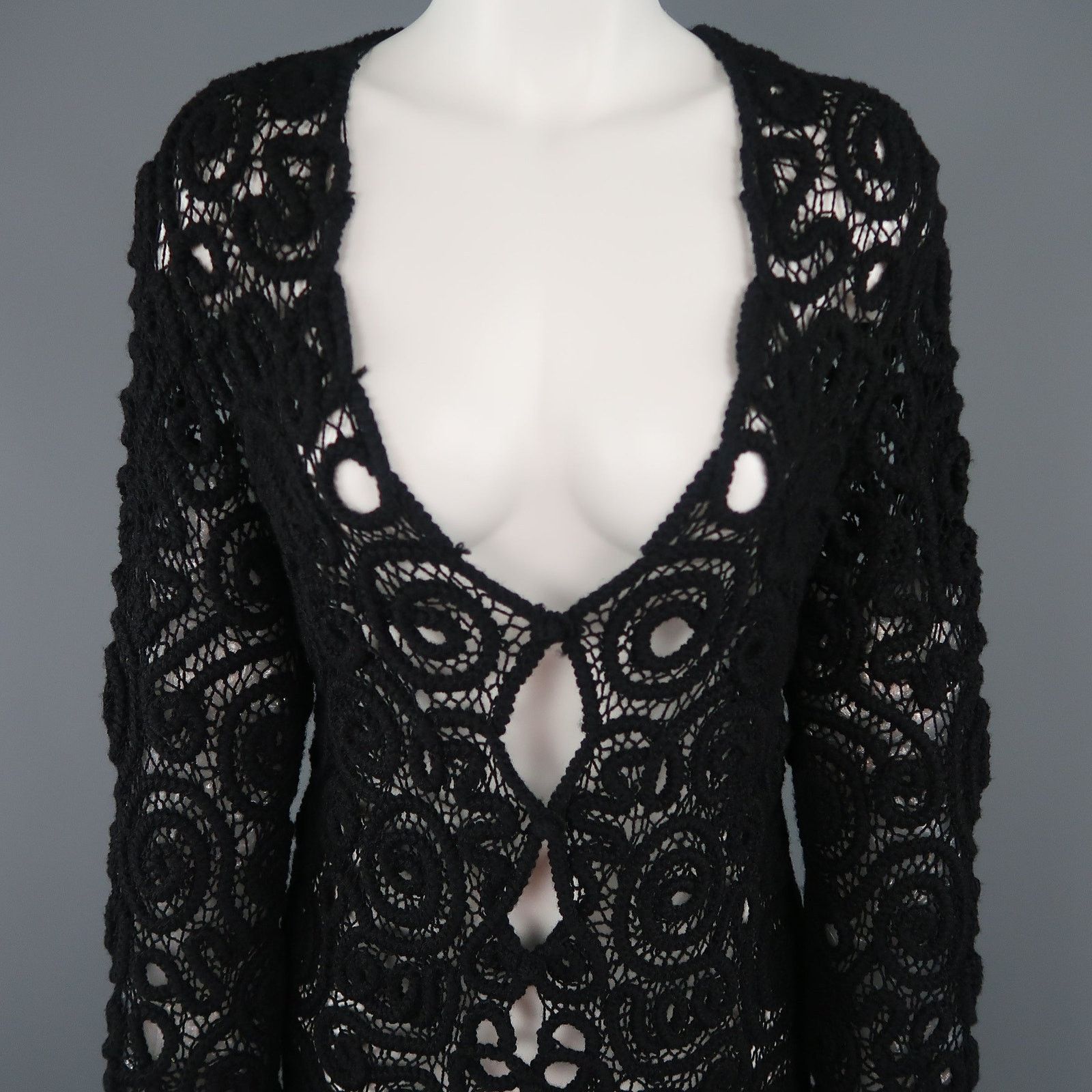Matsuda MATSUDA Size M Black Wool Crochet Fringe Cardigan Size M / US 6-8 / IT 42-44 - 3 Thumbnail