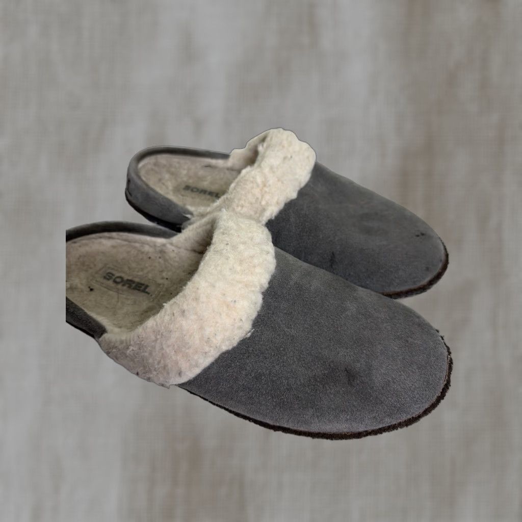 SOREL VINTAGE Sorel Nakiska Slippers Gray Suede/Faux Shearling Slide Women’s UK7 US9 Mens? Size US 7 / IT 37 - 1 Thumbnail