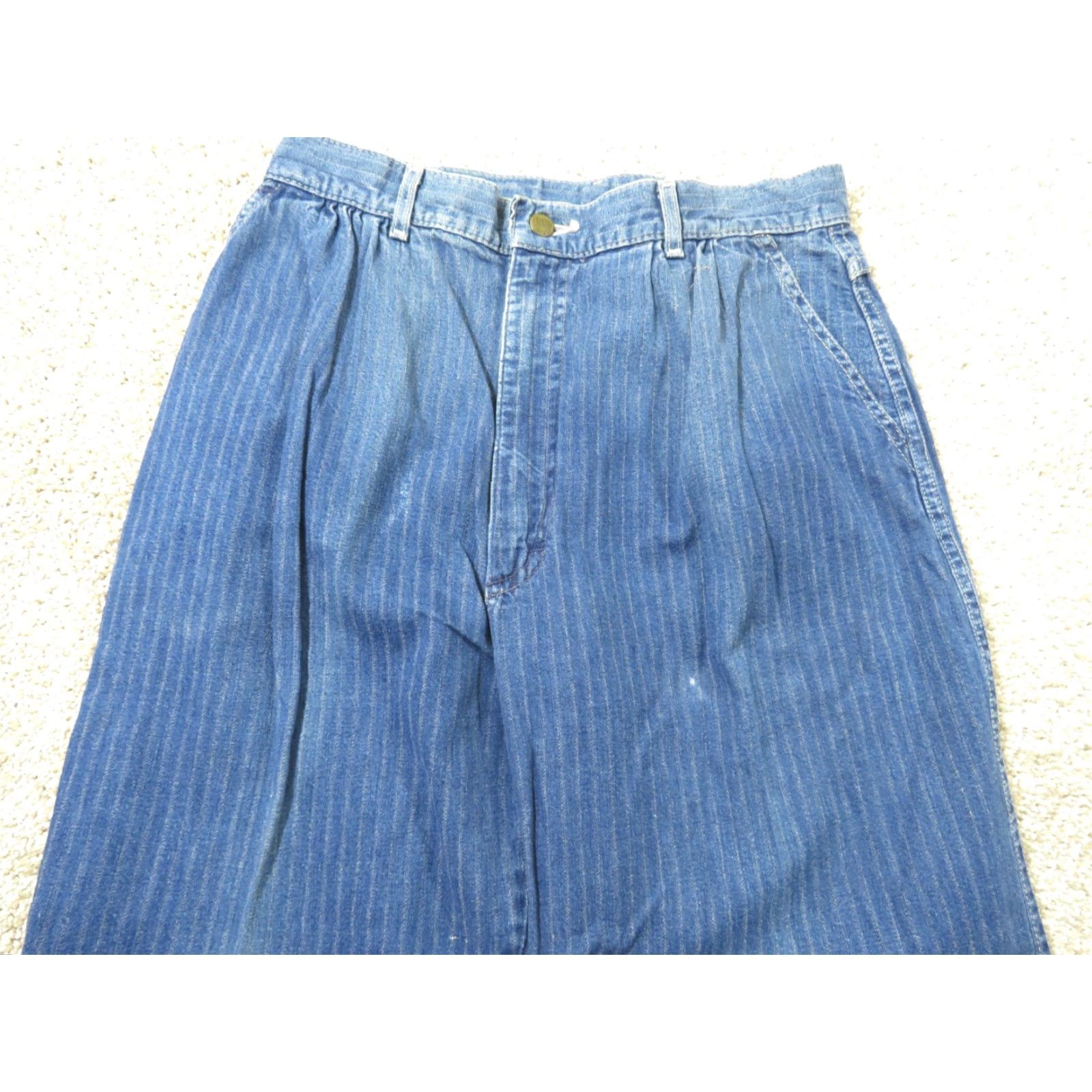 Lee VINTAGE Lee Riders Jeans Denim Ladies 13W 29X32 High Waist Pin Striped 1980s Disco Blue Mens Womens Girls? Size 29" - 4 Thumbnail