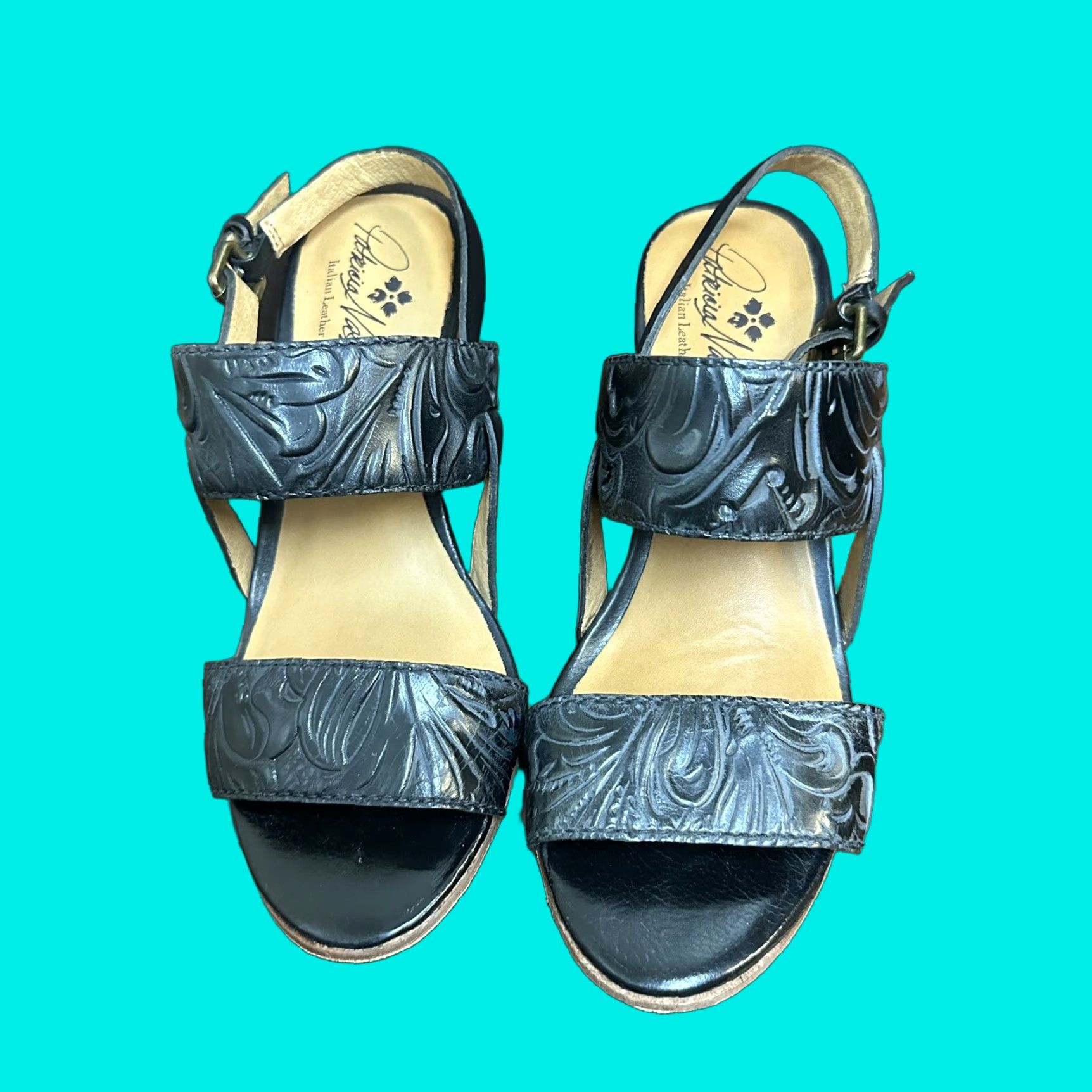 Patricia Nash Romana Italian Tooled Leather Block Heeled Sandals Size US 7 Womens Sandal Black Leather Block Heel Slingback 7 Italian Floral Theme