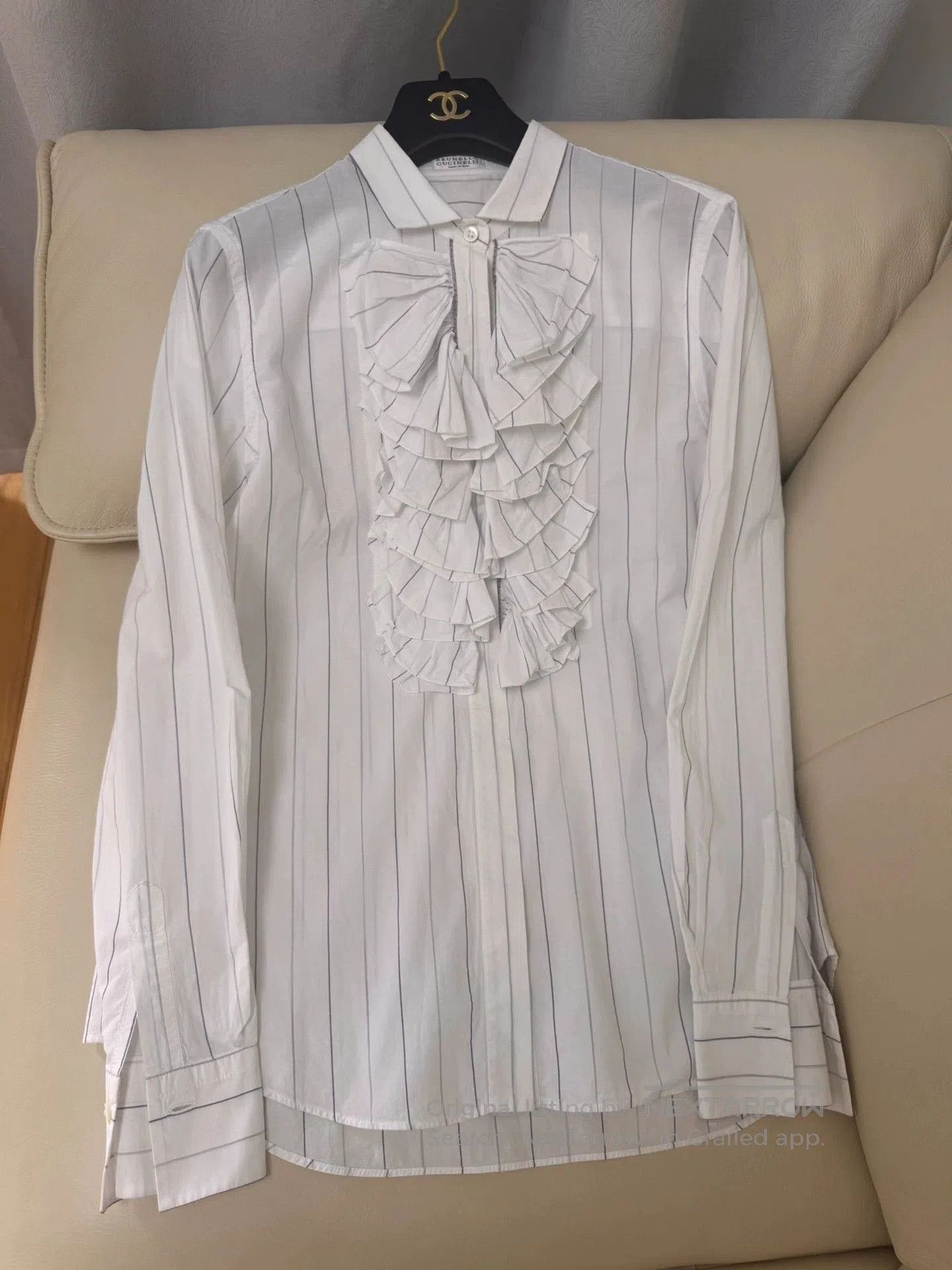 Brunello Cucinelli Brunello Cucinelli White Striped Ruffled Shirt. Size US M / EU 48-50 / 2 - 2 Thumbnail