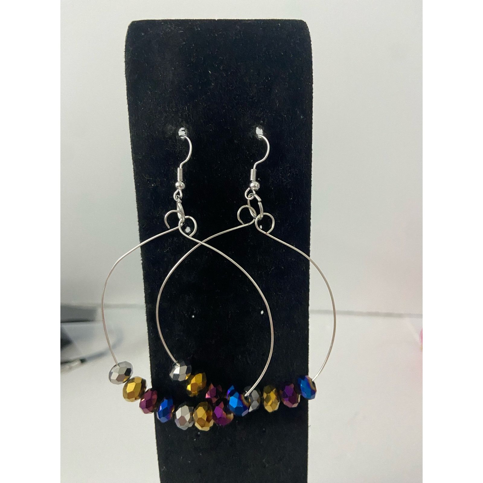 Handmade Metallic rainbow glass bead dangle earrings silver tone Size ONE SIZE - 1 Thumbnail