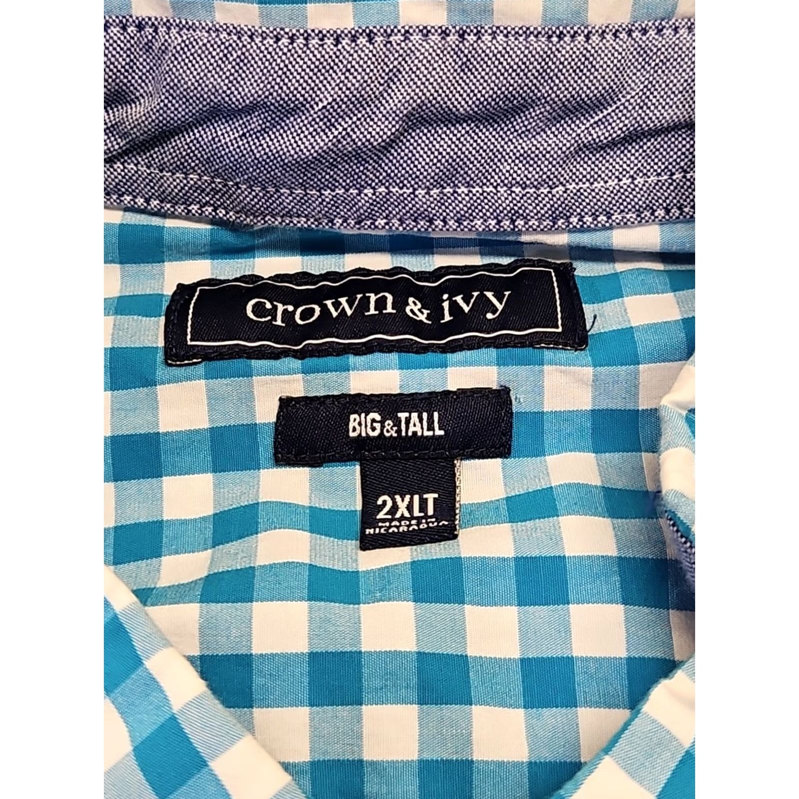 Vintage Crown And Ivy Button-Down Shirt 2XLT Long Sleeve Turquoise White Check Plaid Big & Tall Men’s Shirt Size US XXL / EU 58 / 5 - 6 Thumbnail