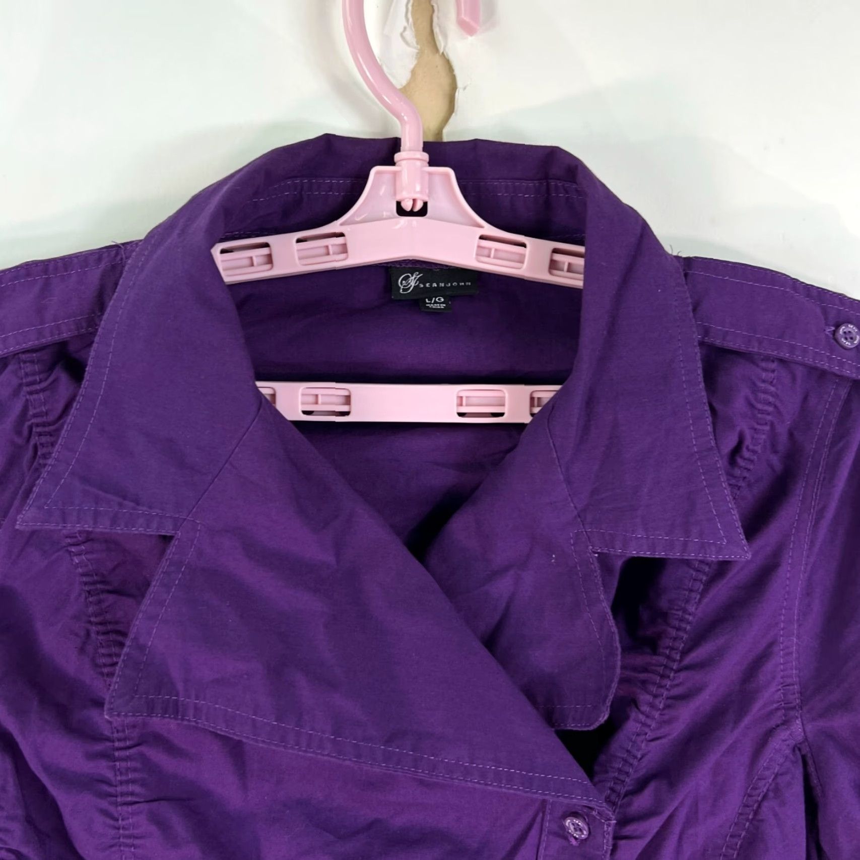 Sean John Sean John Ruched Button Top Womens Size L Purple Long Sleeve Off Set One Word: Button-Up Shirt Womens L Purple Sean John Ruched Off Set Button Top Size L / US 10 / IT 46 - 2 Thumbnail