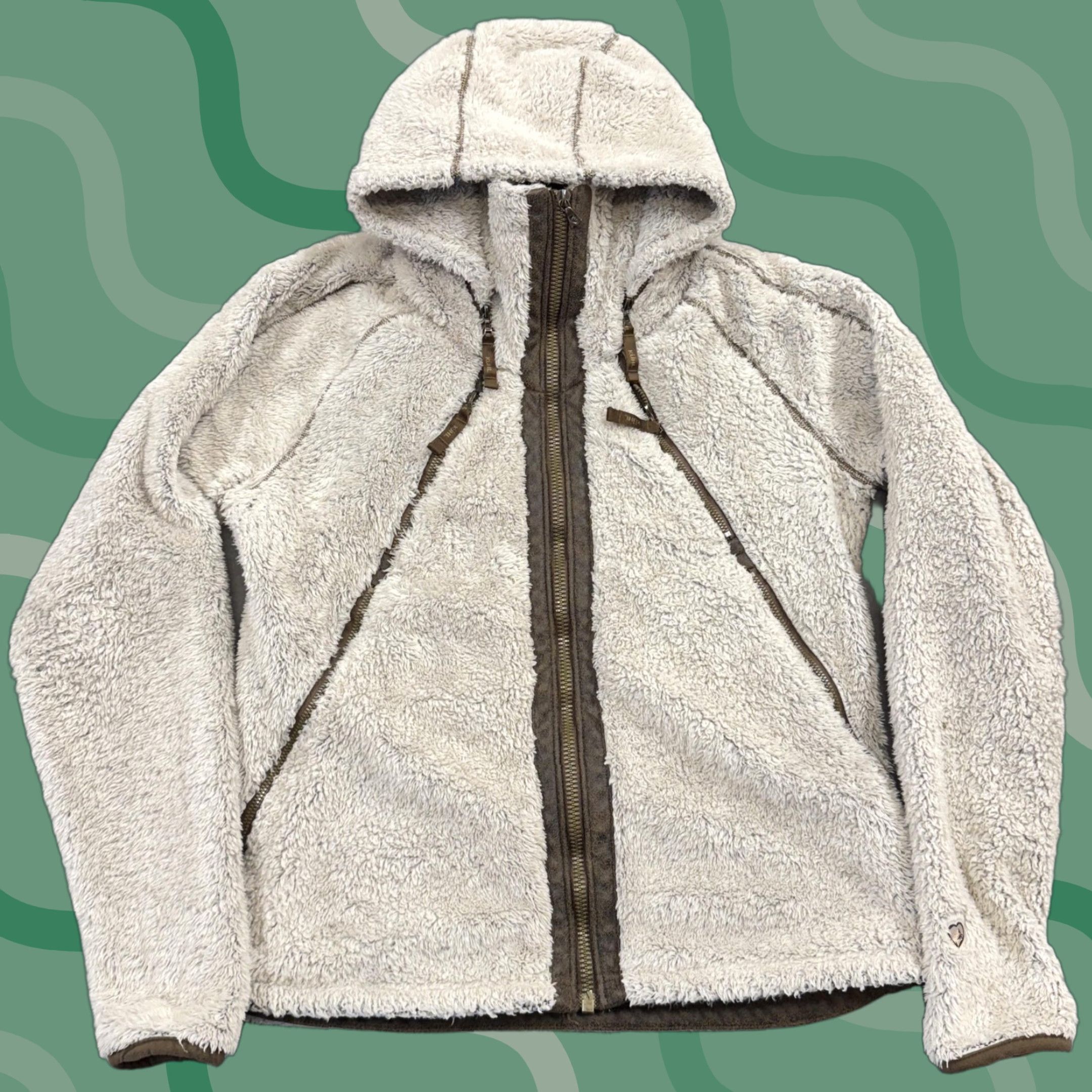 Vintage Kuhl Jacket Womens L Beige Flight Fleece Hooded Full Zip Thumbholes Polyester Pockets Zipped Pockets Outdoor Casual Travel Womens High Quality Size L / US 10 / IT 46 - 1 Thumbnail