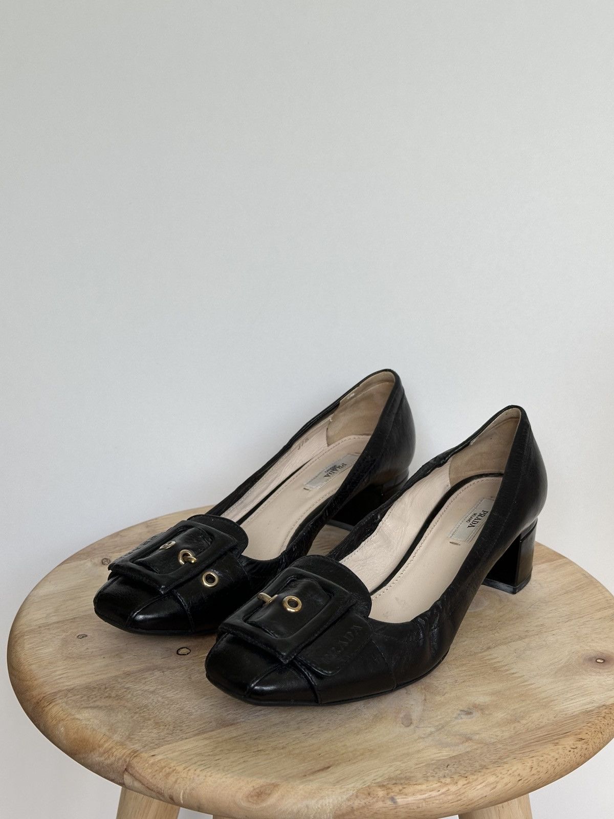 Italian Designers Prada Leather Black Pumps Shoes, Women's (Size 7.5)