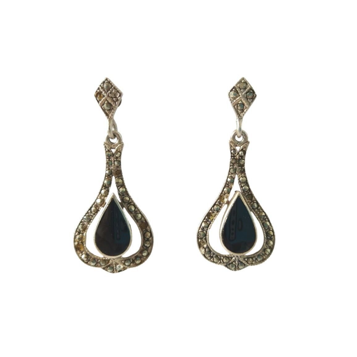 The Unbranded Brand Onyx Marcasite Teardrop Dangle Earrings Sterling Silver Size ONE SIZE - 1 Thumbnail