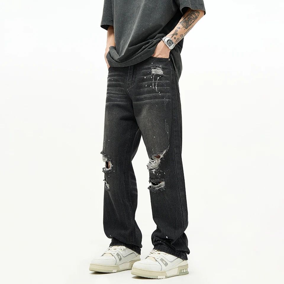 image of Distressed Denim Ripped Splash Ink Black Jeans, Men's (Size 34)