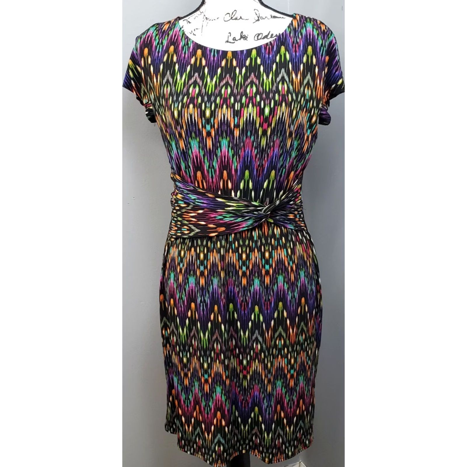 Ellen Tracy Ellen Tracy Womens Size 8P Multi Abstract Drawstring Waist Round Neck Sheath Dress Size M / US 6-8 / IT 42-44 - 2 Thumbnail
