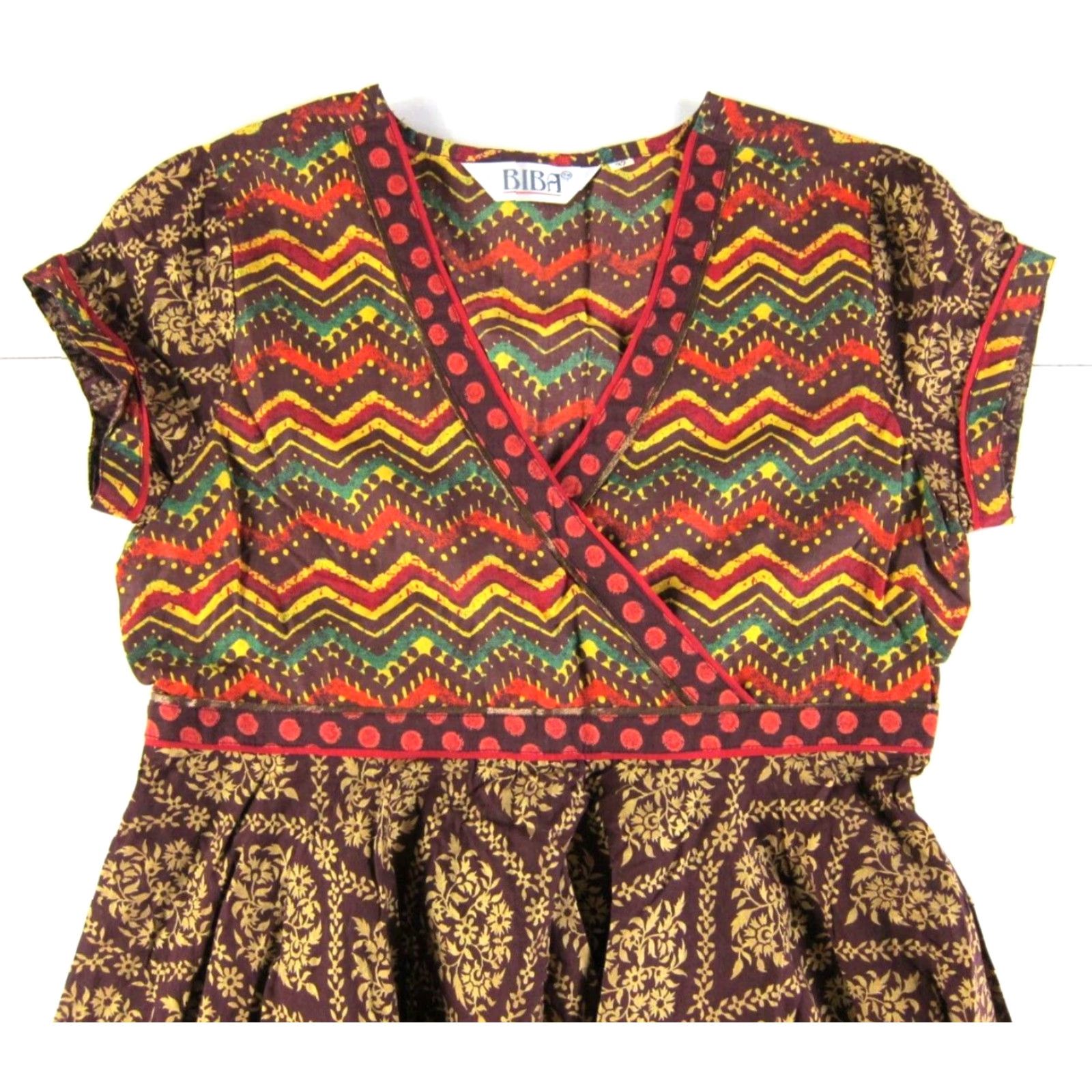 Vintage BIBA Cotton Floral V-Neck Short Sleeve Midi Kurta Dress XS Brown Green Red Women's Fashion Size 26" / US 2 / IT 38 - 4 Thumbnail