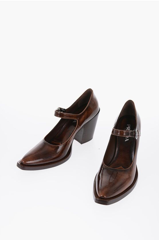 image of Prada Pointed Brushed Leather Maryjanes Heel Shoes 9 Cm in Brown, Women's (Size 8)
