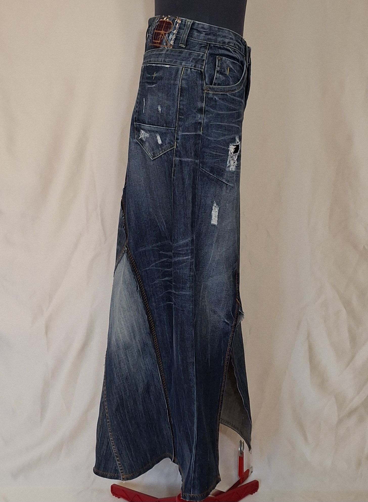 Handmade Avant Garde Deconstructed Rigid Denim Maxi Skirt Size 32" / US 10 / IT 46 - 2 Thumbnail