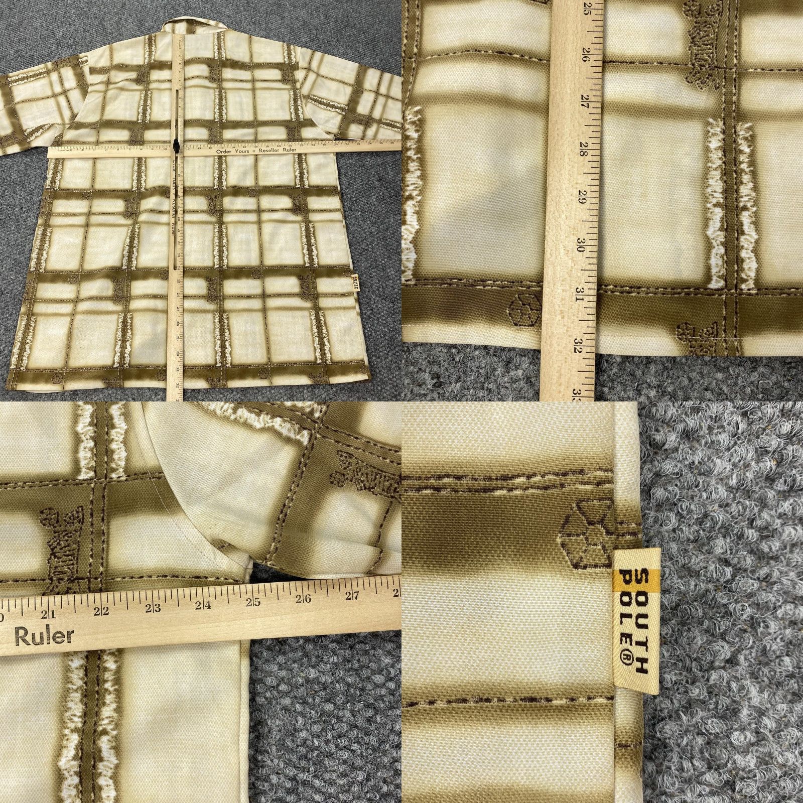 Southpole Southpole Shirt Mens Large Beige Brown Plaid Grunge Streetwear Y2K Skate Beach Buttons Embroidered Pockets Collared Short Sleeve Polyester Size US L / EU 52-54 / 3 - 8 Thumbnail