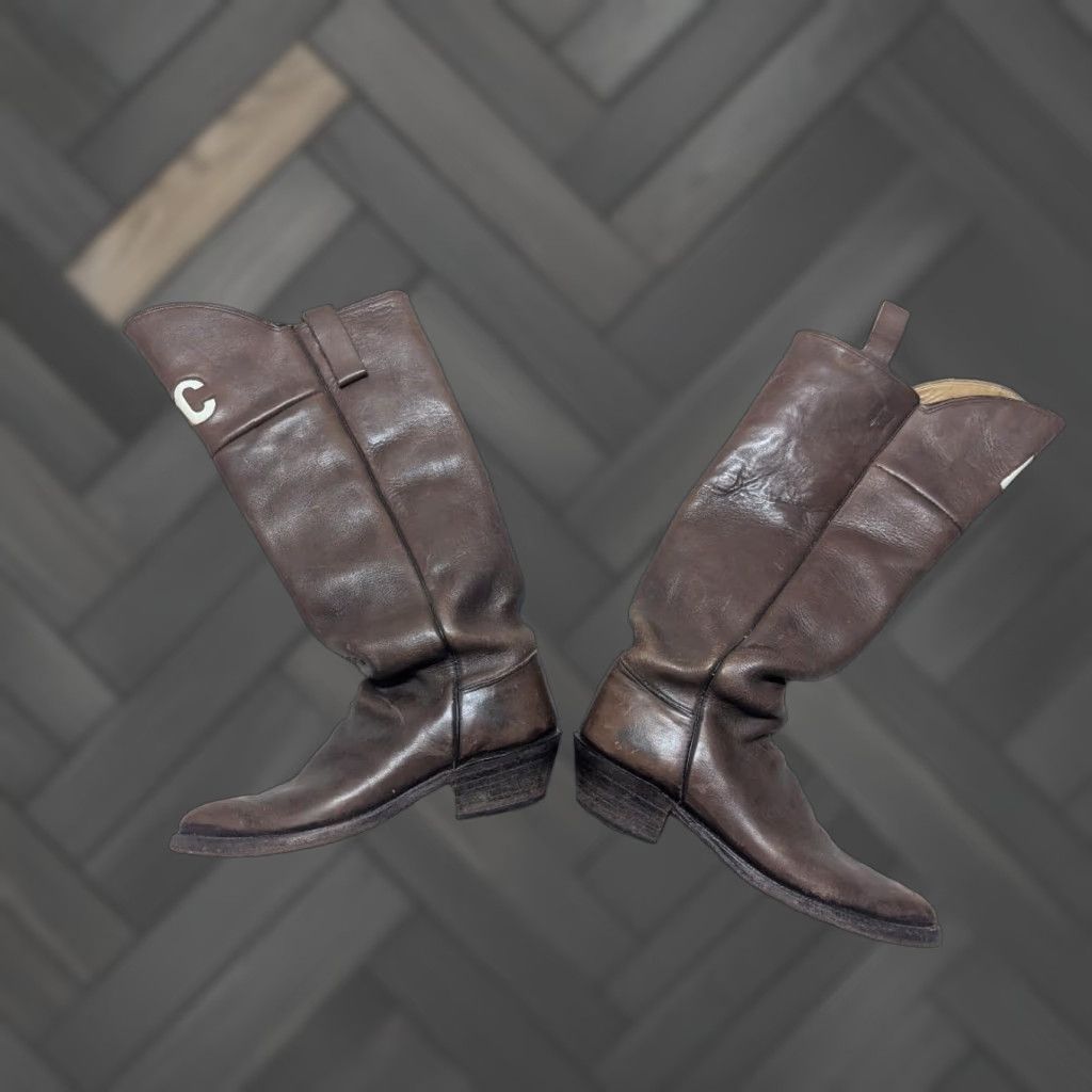 Vintage VINTAGE Buffalo Runner Boots Cowboy Leather 14 Mens Brown Leather Rodeo 23" tall Front 20" tall back US Made Straps Roper Knee-High Men’s Boots Size US 14 / EU 47 - 1 Thumbnail
