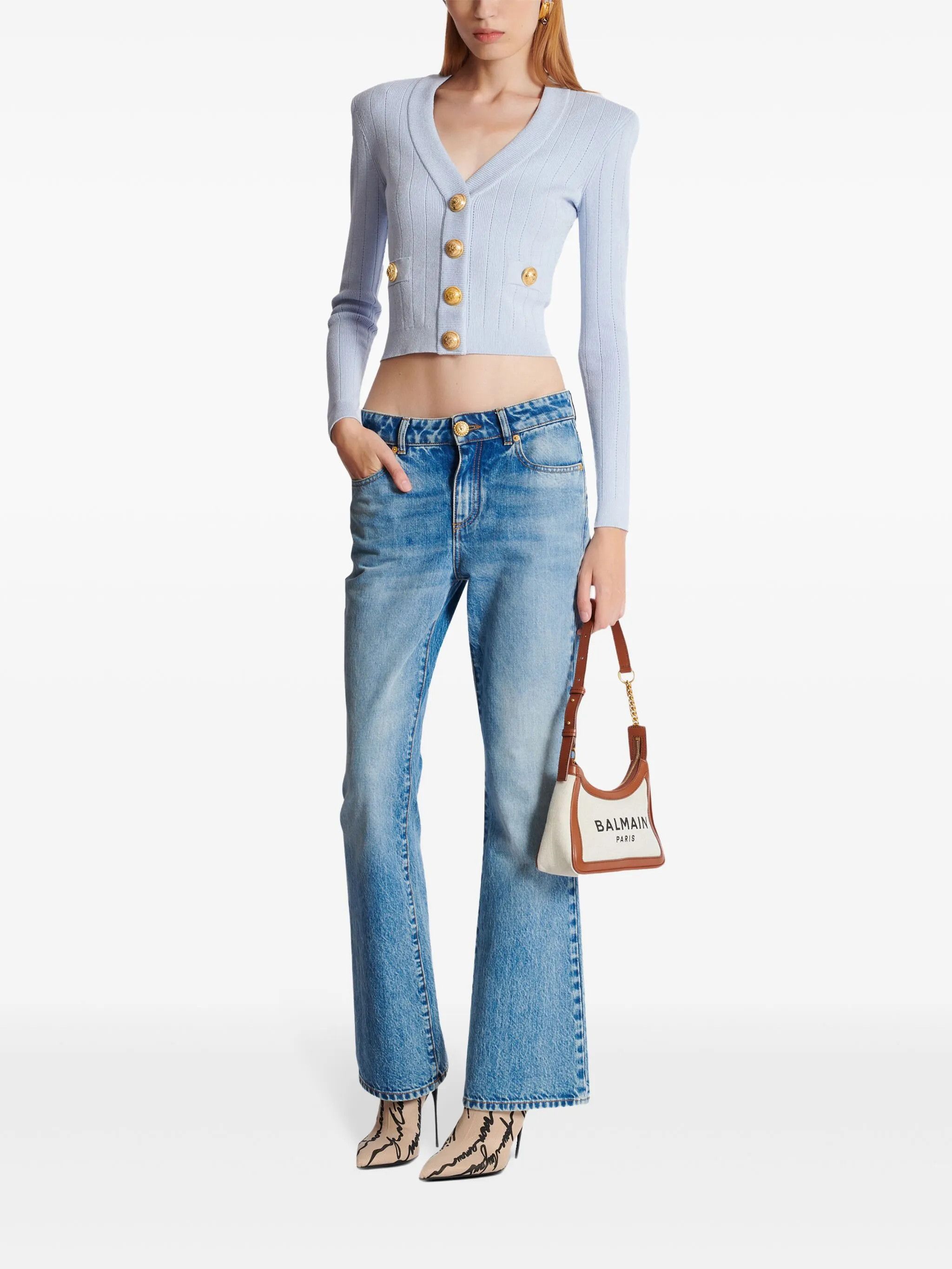 Balmain o1srvl11e1125 Engraved Button Cardigan in Light Blue Size L / US 10 / IT 46 - 2 Thumbnail