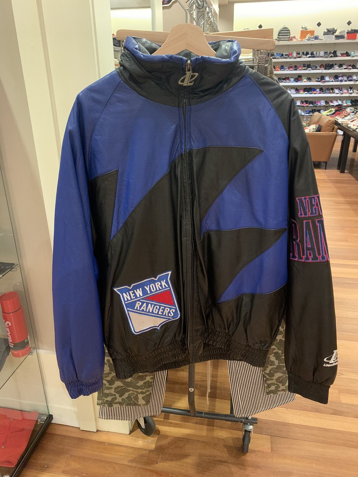 image of New York Rangers Vintage Leather Jacket in Black Blue, Men's (Size XL)