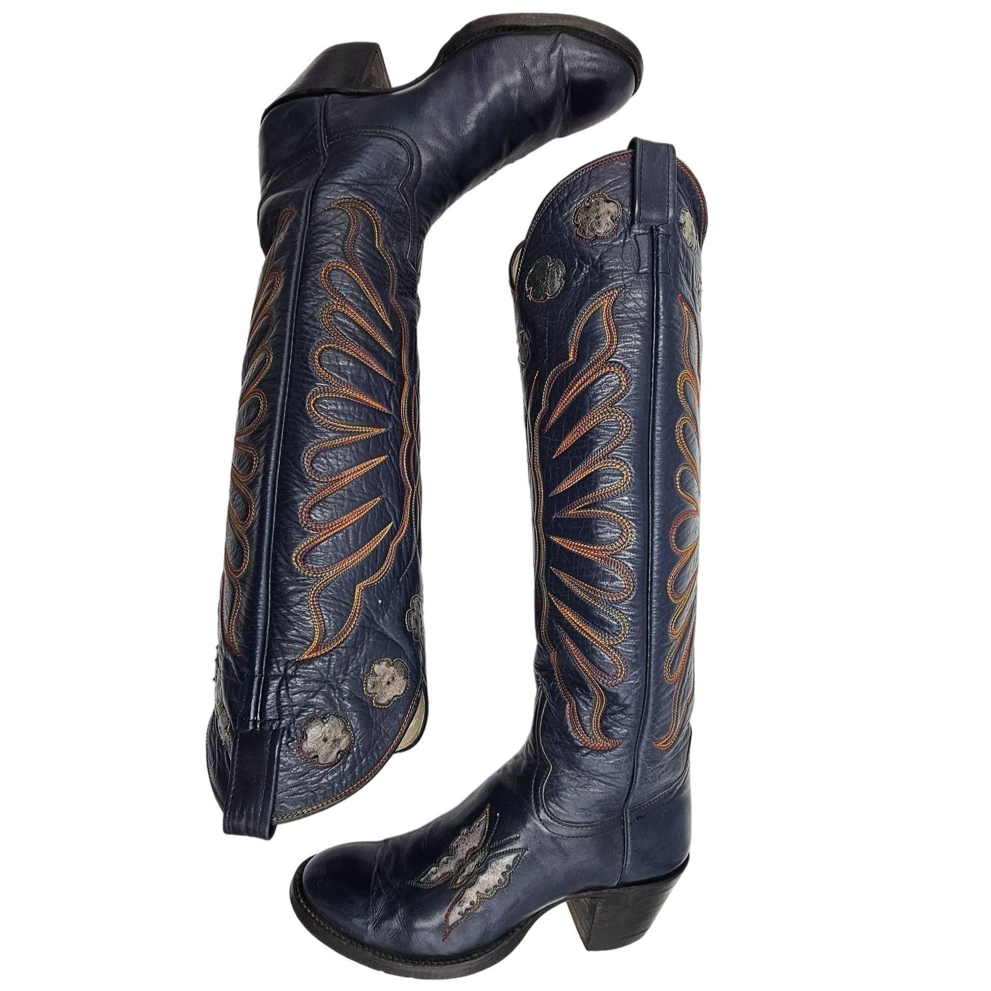 Other Vintage 1970s CUTTER BILL Cowgirl Boots 6B Navy Rainbow Leat Size US 6 / IT 36 - 13 Thumbnail
