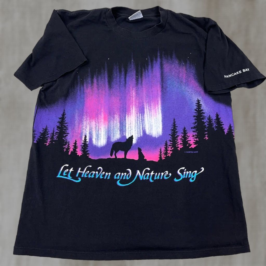 Gildan VINTAGE Gildan T-Shirt Men L Black All Over Print Wolf Habitat Heaven Sing 90s Nature Graphic Print Shirt Mens Size US L / EU 52-54 / 3 - 1 Thumbnail