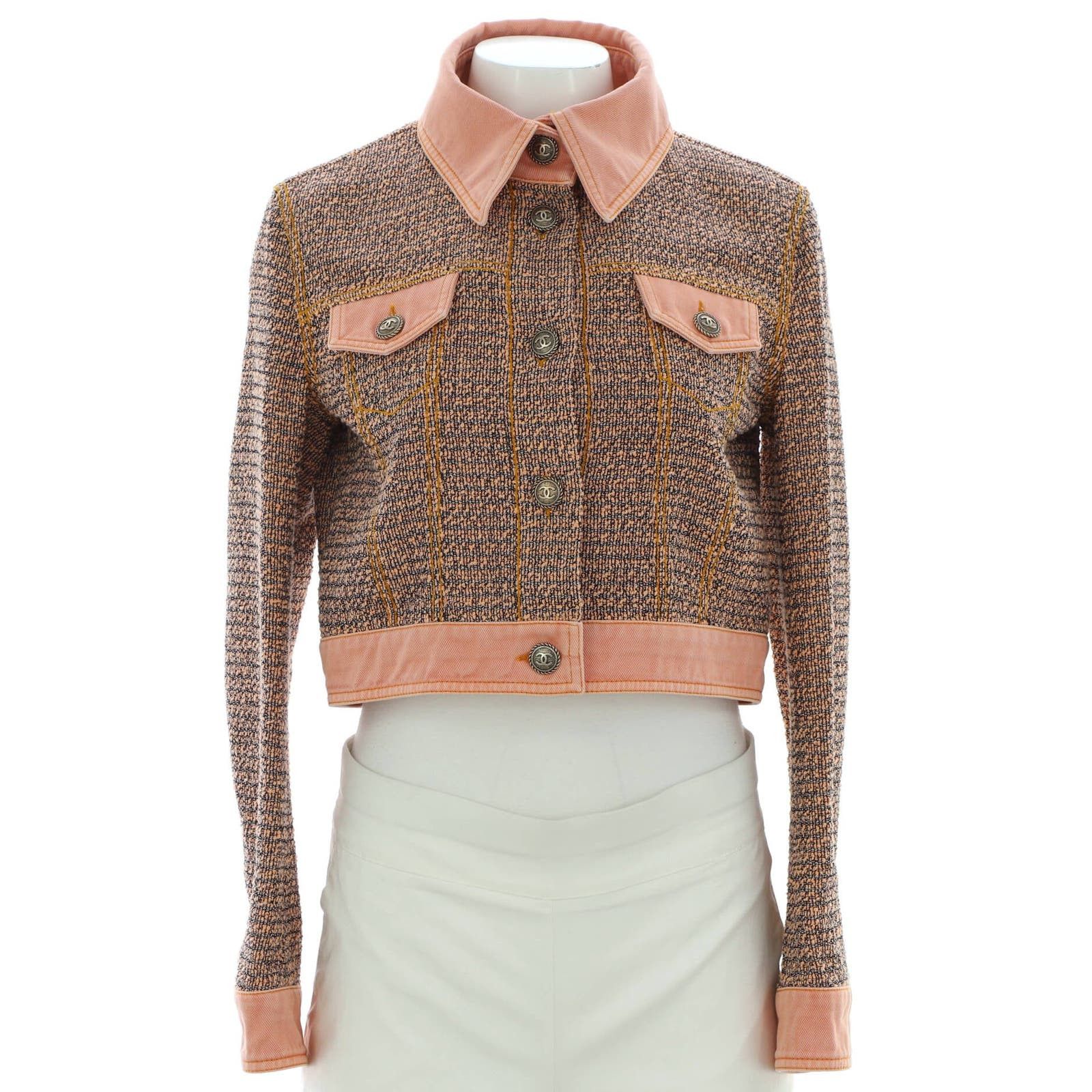 image of Chanel Women's Button Up Jacket Tweed With Denim Trim None in Pink