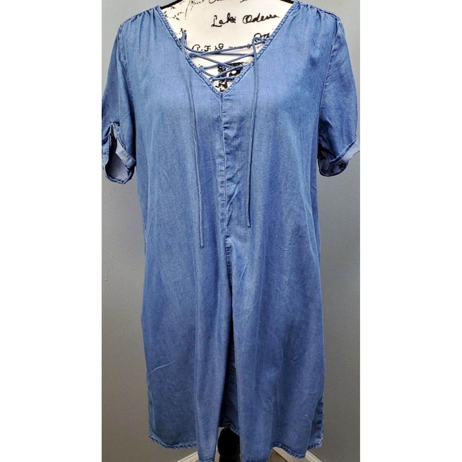 Lucky Brand Lucky Brand Shirt Dress Womens L Blue Lyocell Short Sleeve Lace Up V Neck Size L / US 10 / IT 46 - 2 Thumbnail