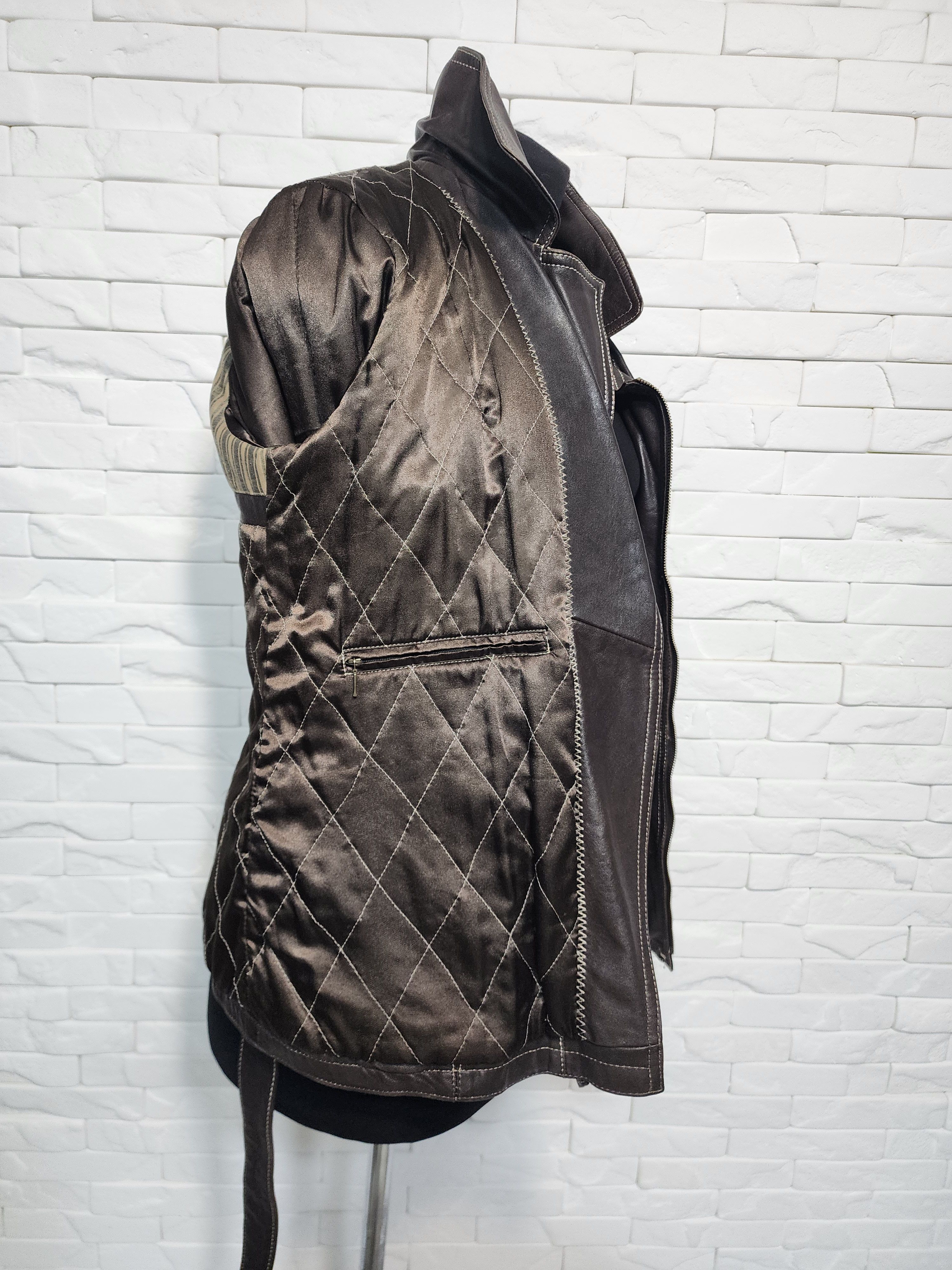 Designer Brown Leather Belted Jacket: Size L / US 10 / IT 46 - 10 Thumbnail