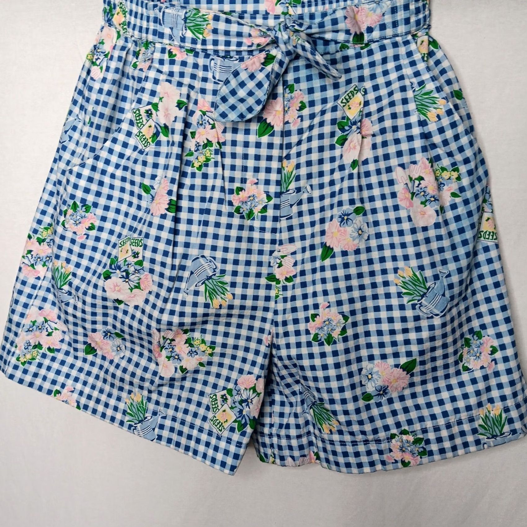 Vintage VINTAGE The Eagle's Eye Shorts Womens M Plaid Flower Garden Pleated Bow Blue 100% Cotton Spring Summer Fall Size 32" / US 10 / IT 46 - 2 Thumbnail