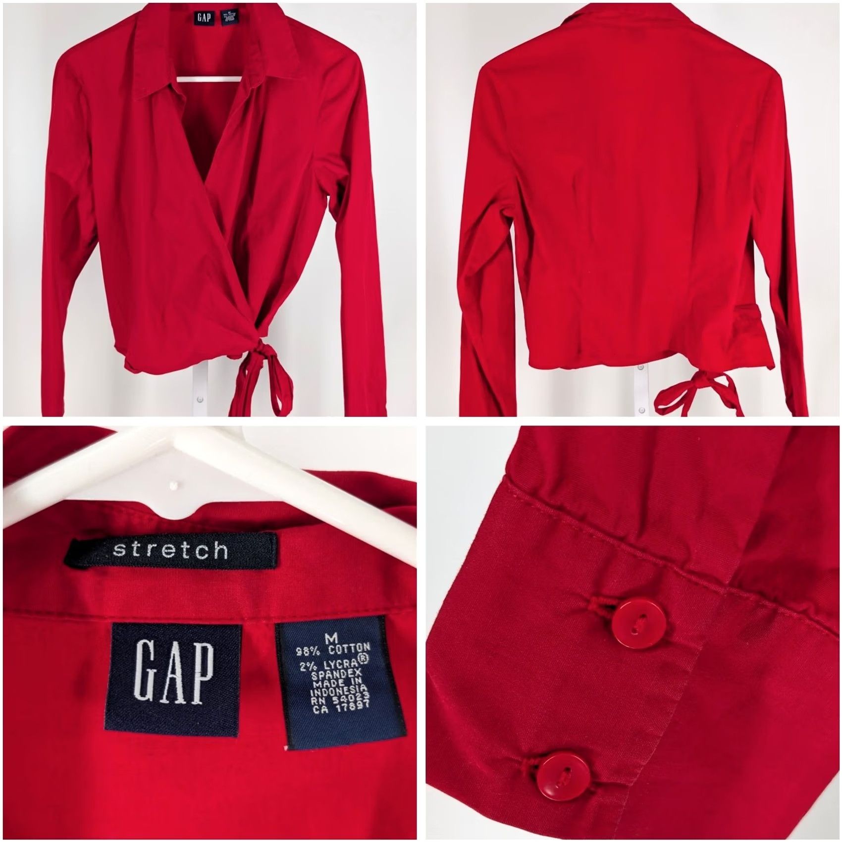 Gap VINTAGE GAP Red Wrap Shirt Tie Waist Collared Top M Women Long Sleeve Stretch Y2K Blouse Size M / US 6-8 / IT 42-44 - 2 Thumbnail
