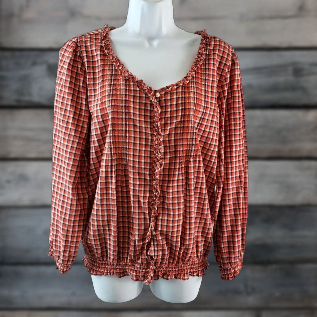 Vintage Denim & Supply Ralph Lauren Womens Button-Up Top Sz L Red Plaid Shirt Adult Womens Long Sleeve Button Front 100% Cotton Size L / US 10 / IT 46 - 1 Thumbnail